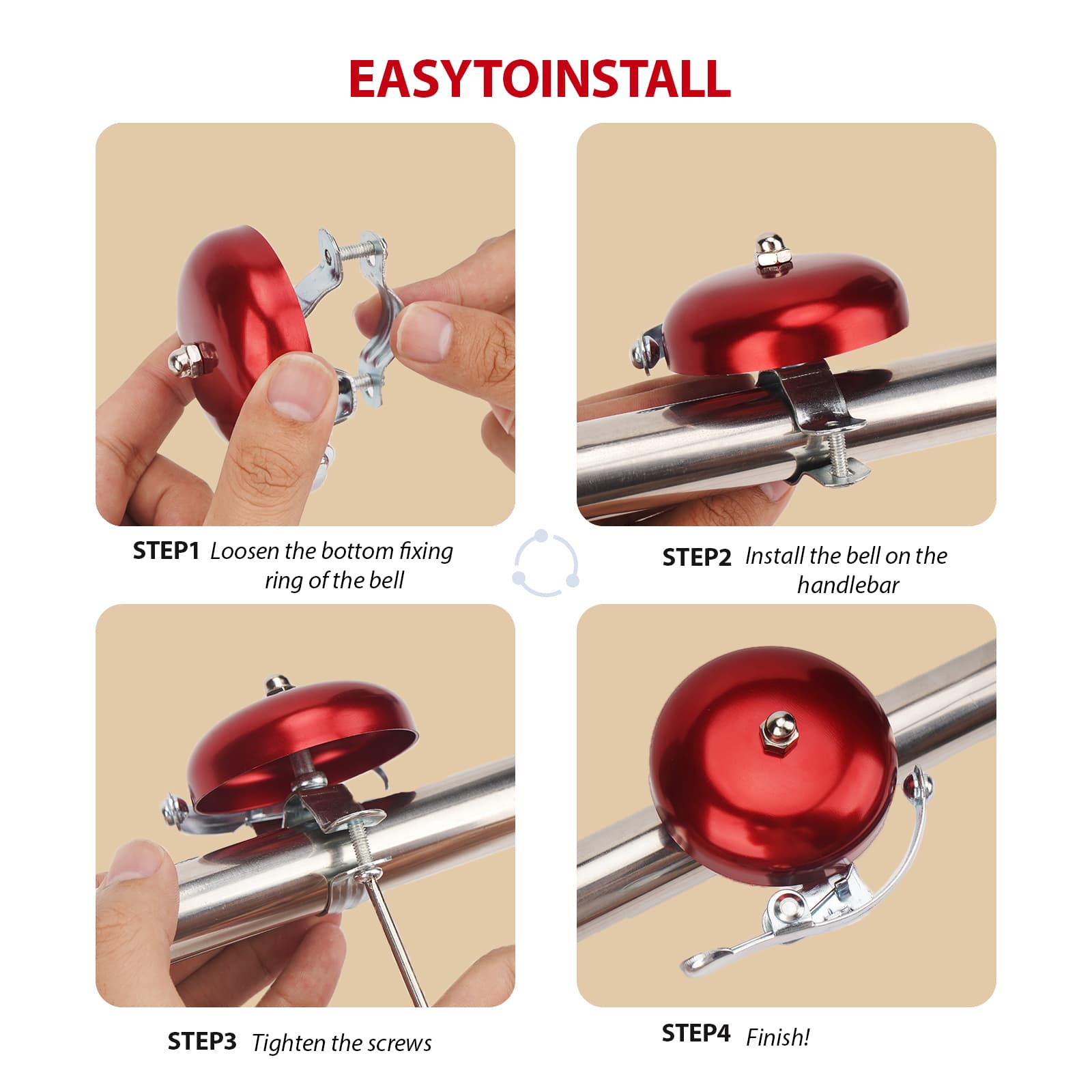 RidingRush Bike Bell for Adults – Loud and Clear Sound, Classic Metal Design, Easy to Install, Ideal for Mountain Bikes, Road Bikes, and Scooters ( Red ) - 2