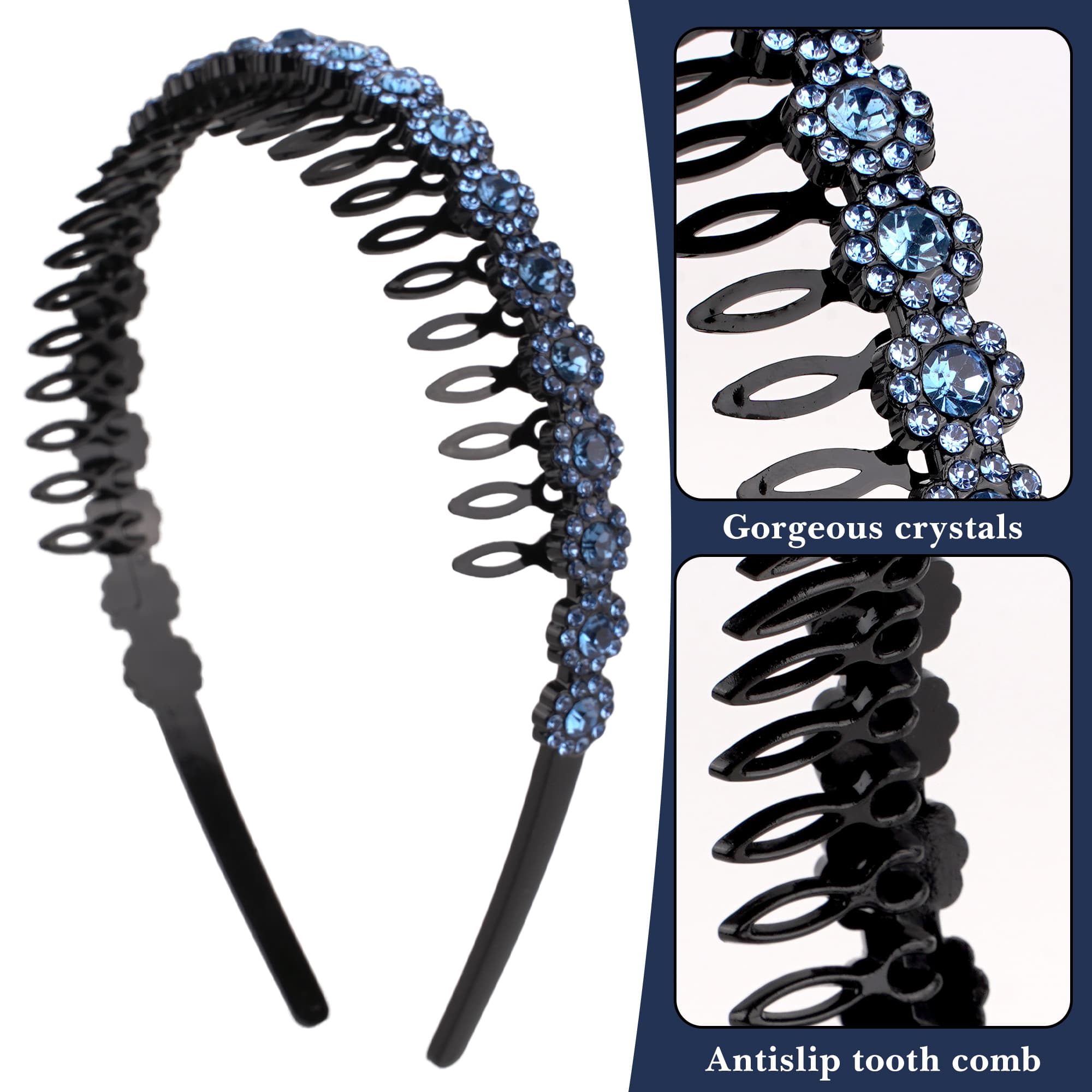 ReignSword 2 Pack Rhinestone Headband with Teeth for Women Girls, Fashion Non Slip Sparkly Crystal Hair Band, Bling Hair Accessories for Wedding Party Prom (White, Blue) - 3