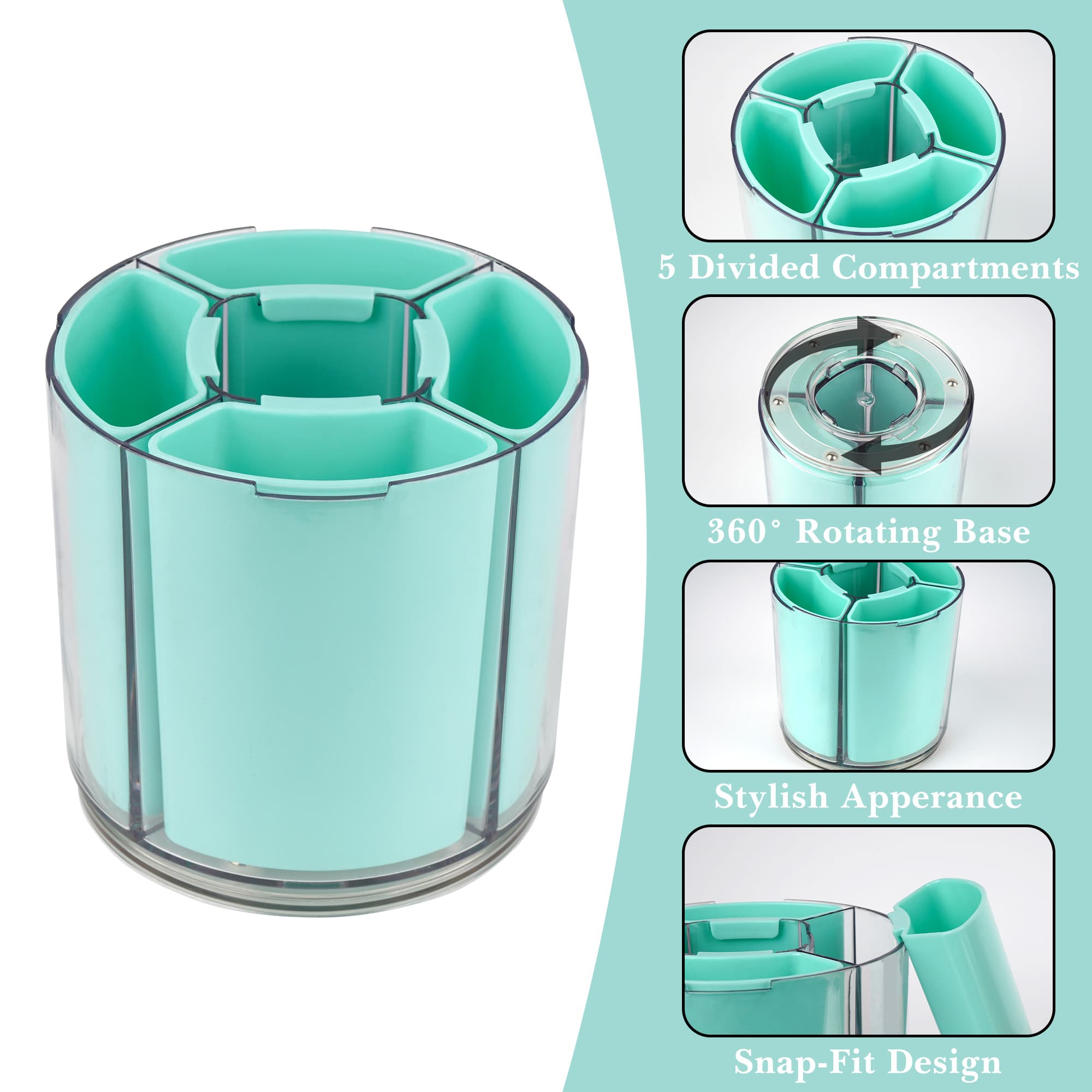 ReignSword 360° Rotating Pen Holder, Expandable 5-9 Slots Desk Organizer, Clear Detachable Pencil Cup Caddy, Aesthetic Desktop Supplies for Office Home (Green) - 2