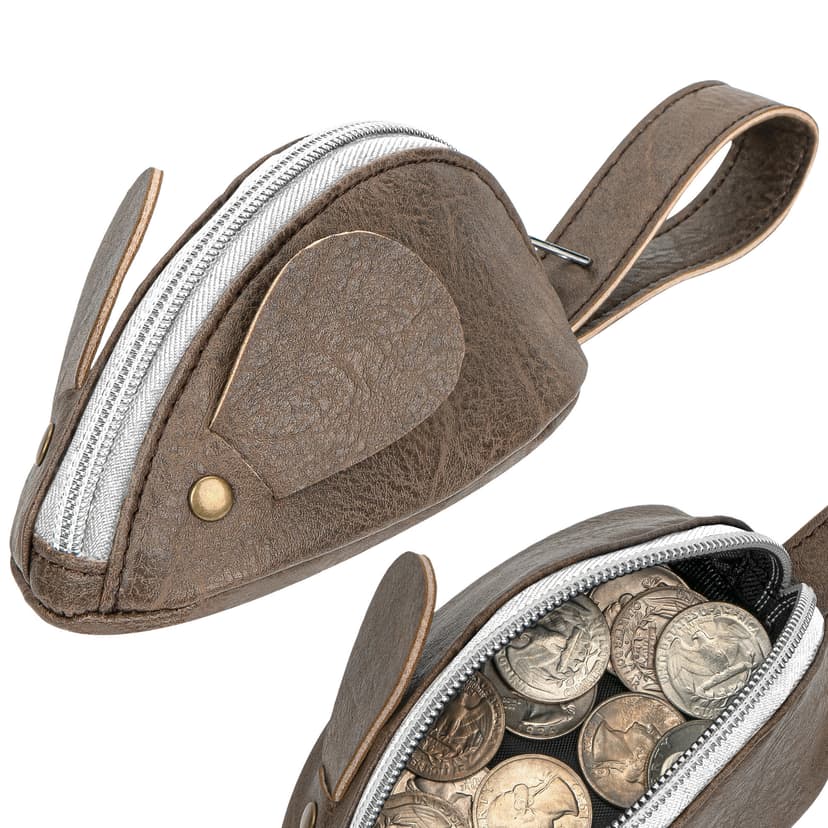JANKINGS Mouse-Shaped PU Leather Coin Purse, Brown Mini Zipper Change Pouch with Carry Loop, Cute Animal Wallet for Women , 1-Pack
