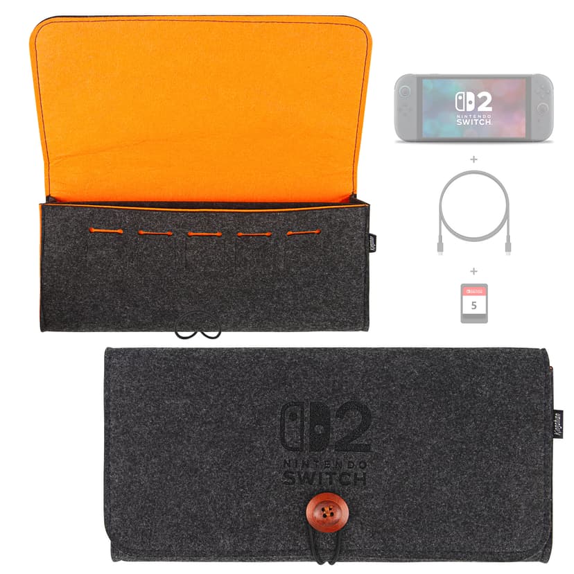 Felt Carrying Bag Compatibility with 2025 Switch 2, Double-mouth Portable Travel Bag Ultra Slim Felt Pouch with 5 Game Cartridges Holders for Switch 2 - Dark grey