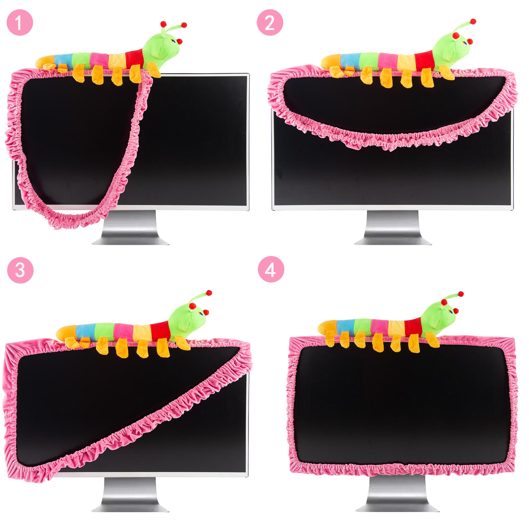 23"-27" Lovely Cute Caterpillar Computer Monitor Cover with Elastic, TV LCD Screen Monitor Decoration Dust Cover Protector, Pink - 2