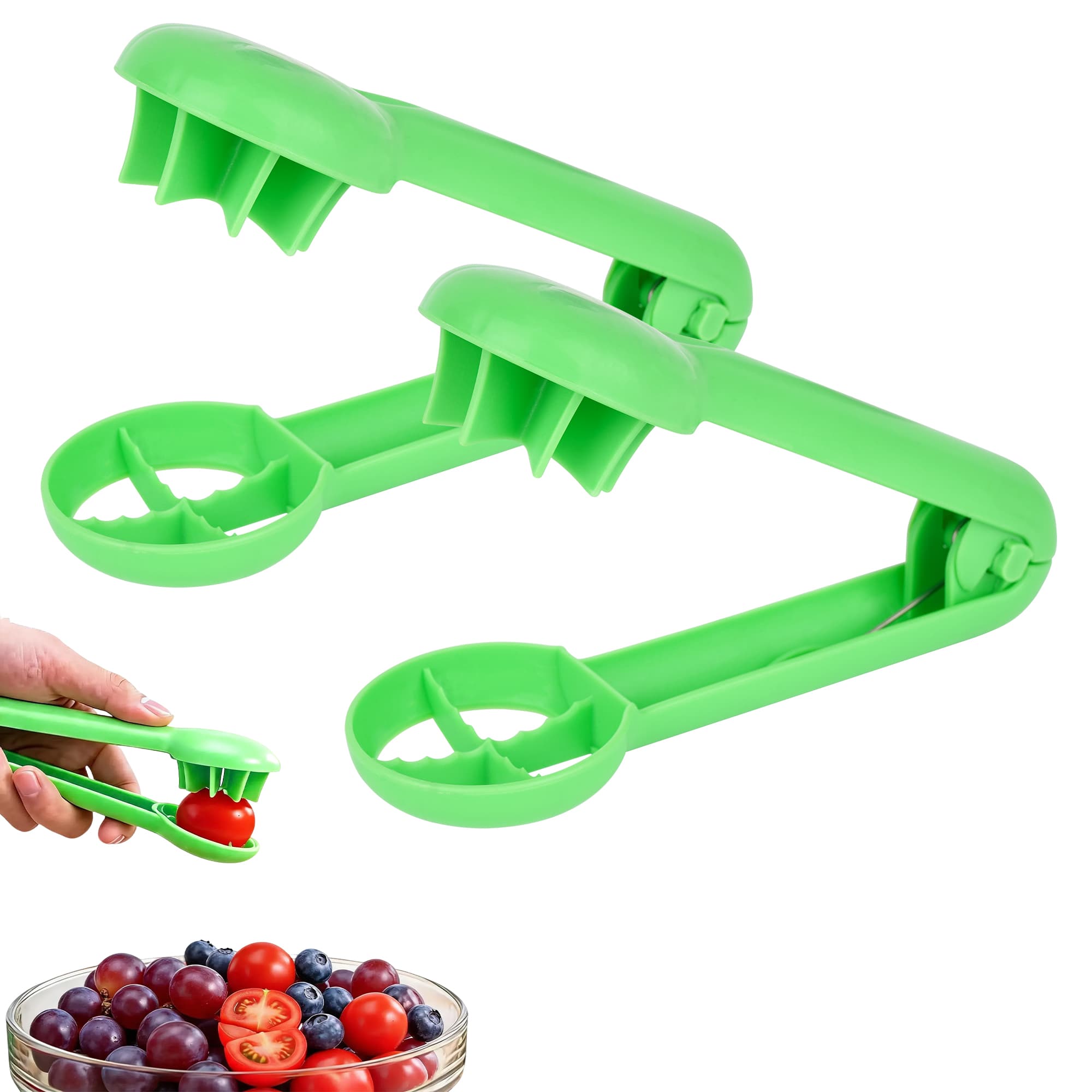 ReignSword 2 Pcs Grape Cutter Slicer, Plastic Cherry Tomato & Strawberry Quarter Cutter, Quick Fruit Slicing Tool for Salads, Kitchen Gadget for Small Fruits (Green) - 2