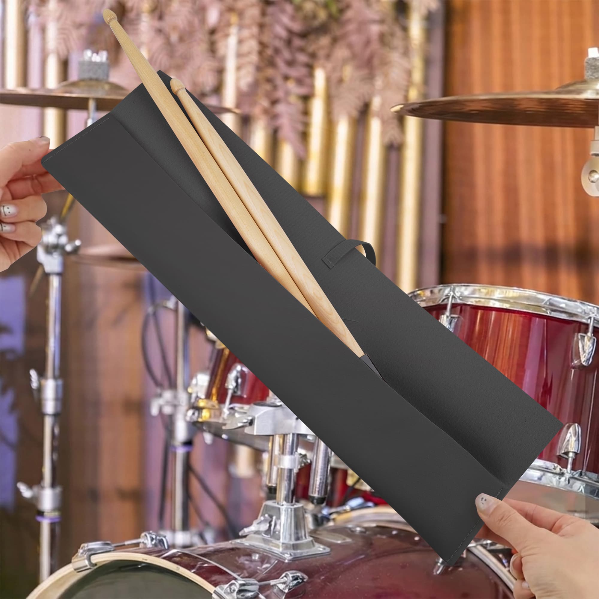 ReignSword Drum Stick Bag, Vegan Leather Drumstick Storage Holder with Fixing Strap, Portable Drumstick Organizer Sleeve for Drum Accessories, Black, 17 x 2.8 Inches - 4