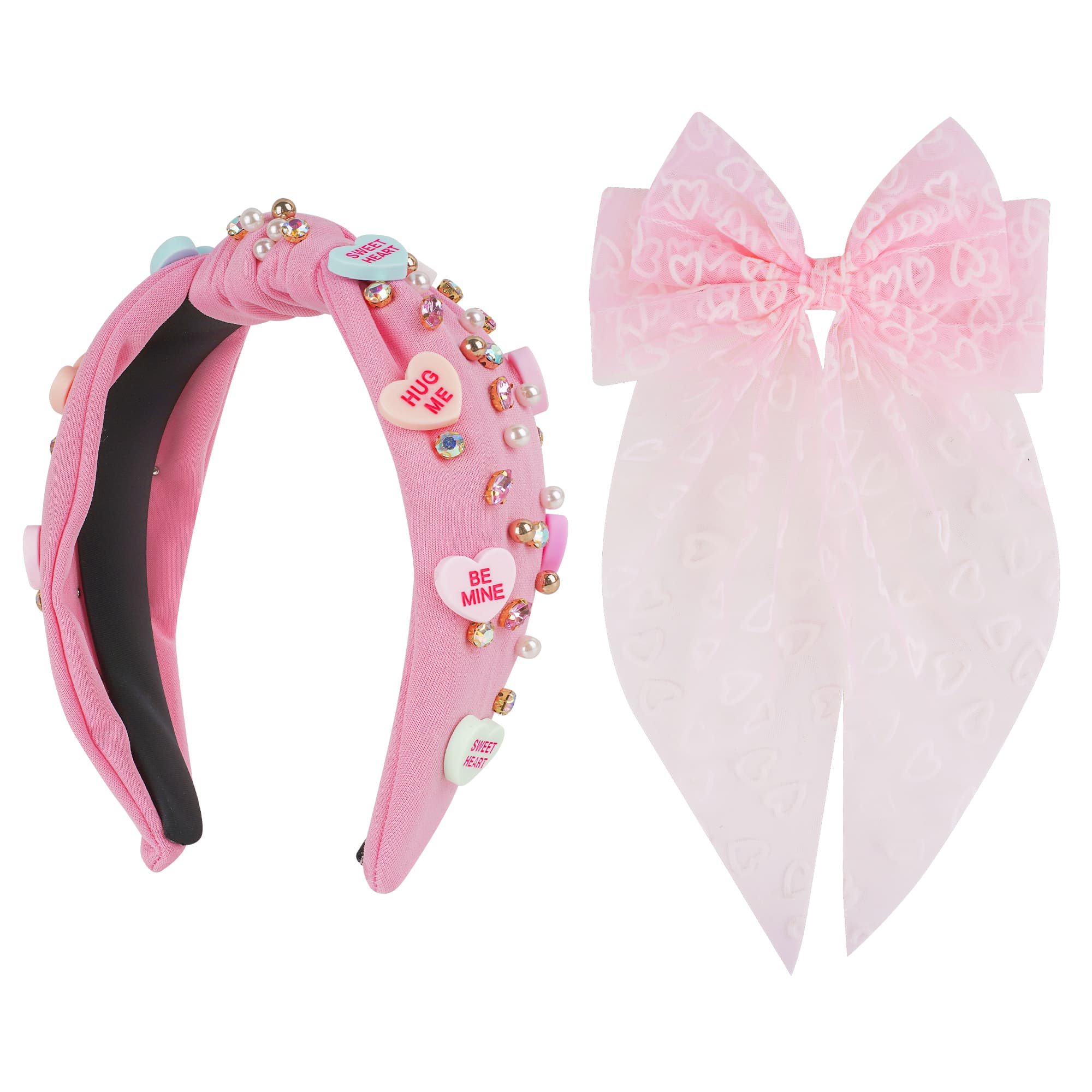 ReignSword Valentine's Day Hair Accessories Set for Women Girls, Crystal Knotted Headband with Long Tail Mesh Bow Hair Clip, Pink Fashion Party Wedding Birthday Gifts - 2