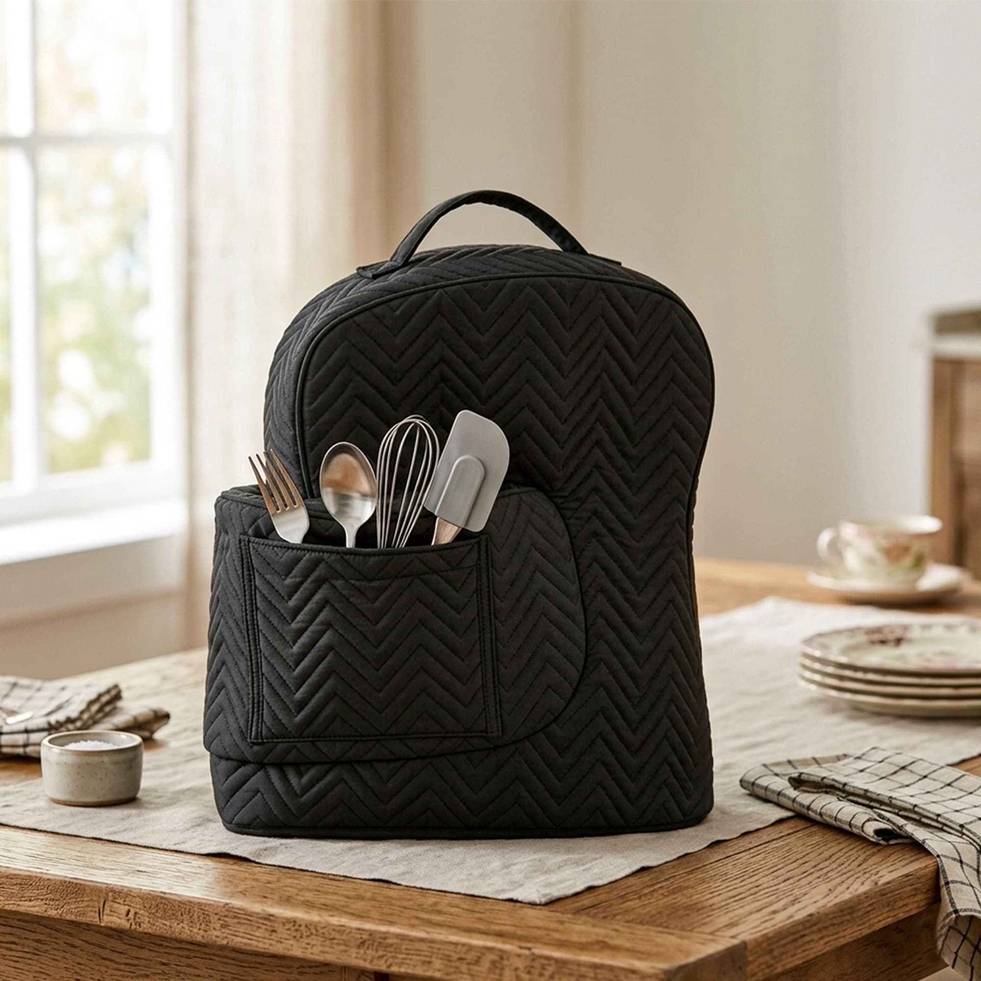 Stand Mixer Cover Compatible with Tilt-Head Mixer, Quilted Dust Cover with Zipper Back & Side Pockets, Protective Storage Bag for Mixer Accessories, Black - 4