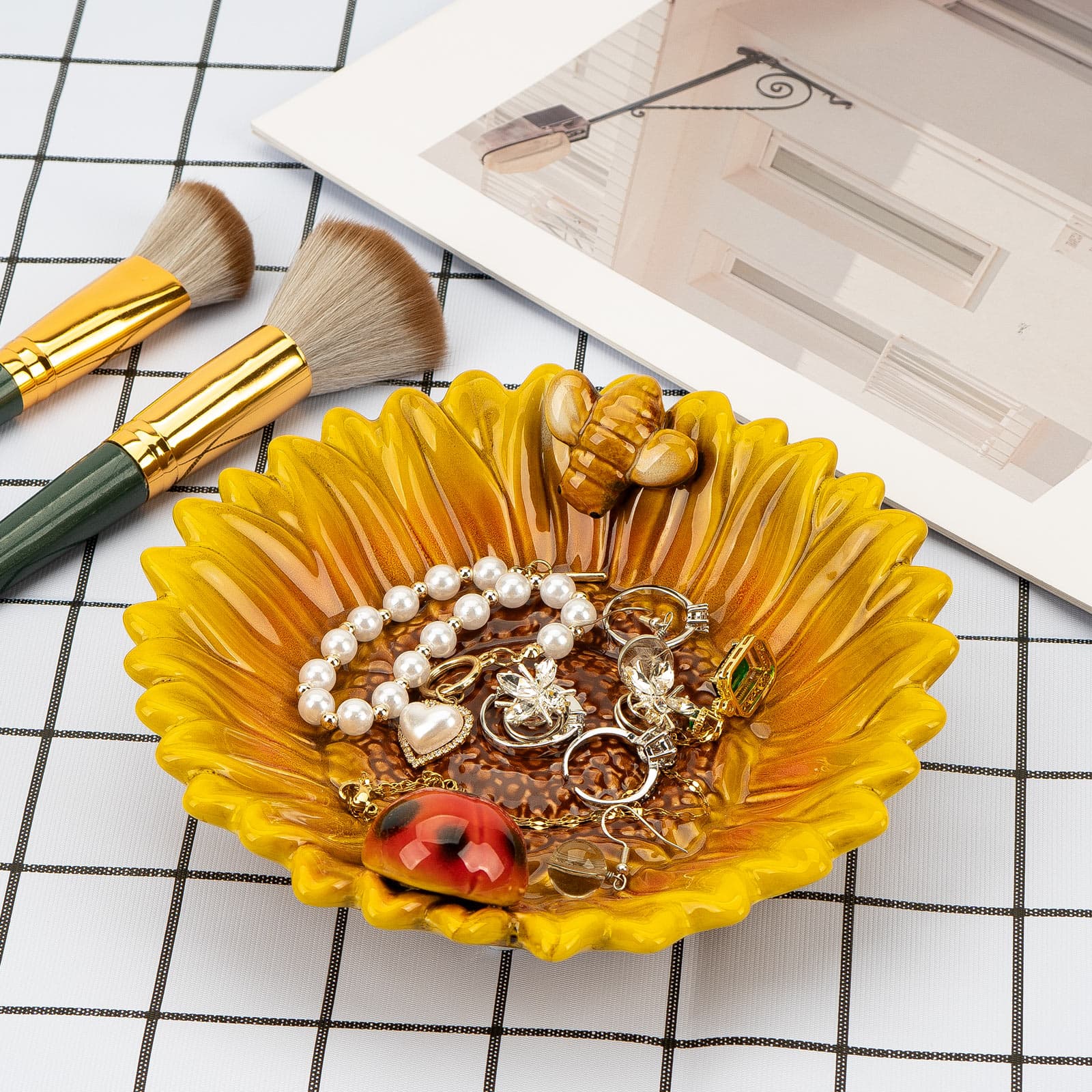 CAIRIAC Sunflower Jewelry Dish Trinket Tray Ceramic Key Tray Bowl for Entryway Table, Sunflower Candy Dish Soap Holder Gift Decorative Bowl for Home Decor Kitchen Bathroom Sink (Bee, Ladybug) - 5