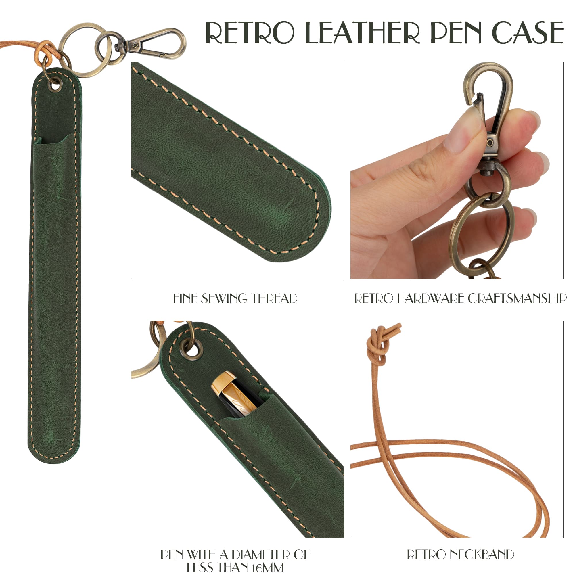 JANKINGS Genuine Leather Neck-Hanging Fountain Pen Pouch, Crazy Horse Green Pen Sleeve with Lanyard & Key Clip, 1-Pack - 2