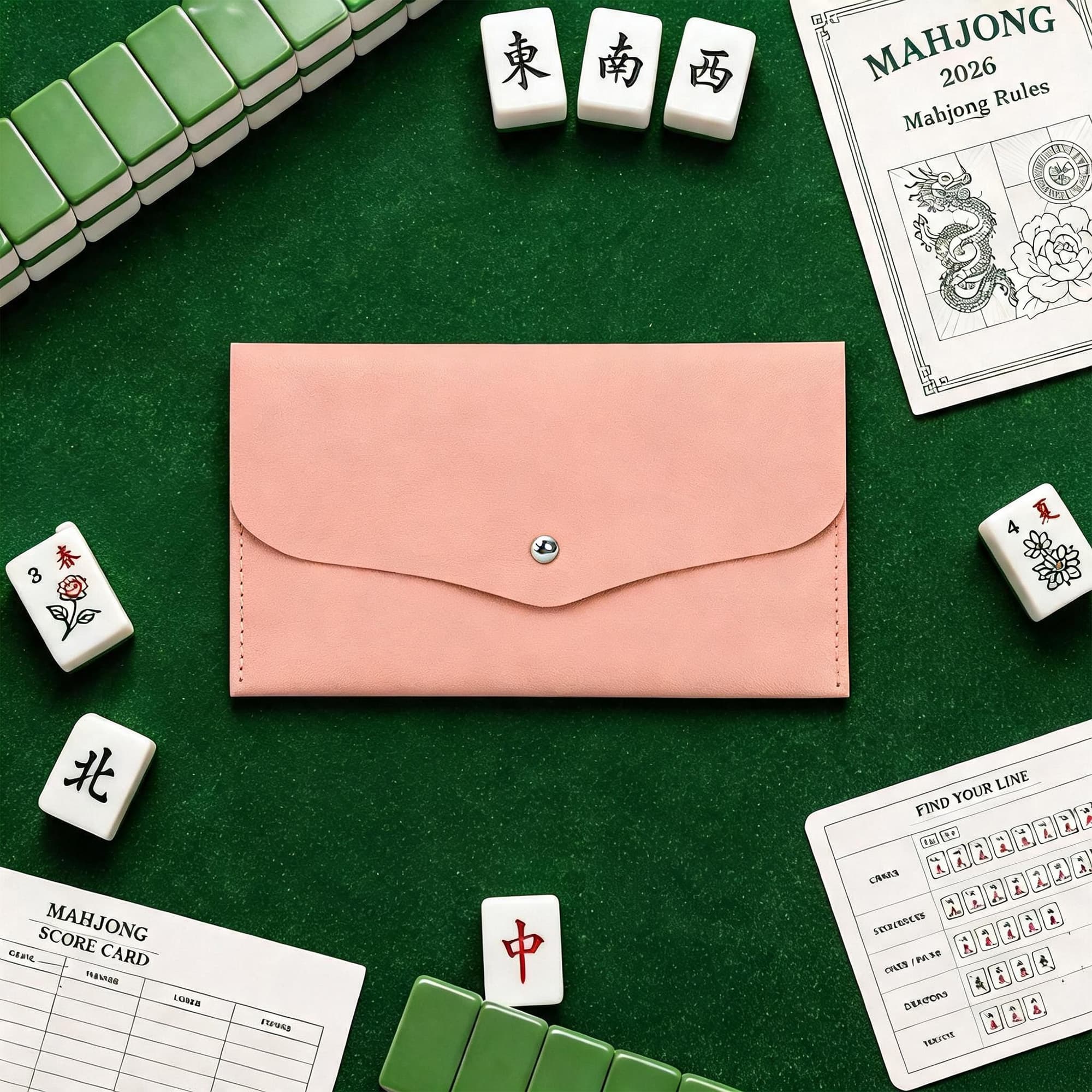 ReignSword Mahjong Card Storage Bag, PU Vegan Leather Mahjong Card Holder, Snap Button Standard Hands Rules Card Organizer, 8.46x5.31 Inch, Pink - 3