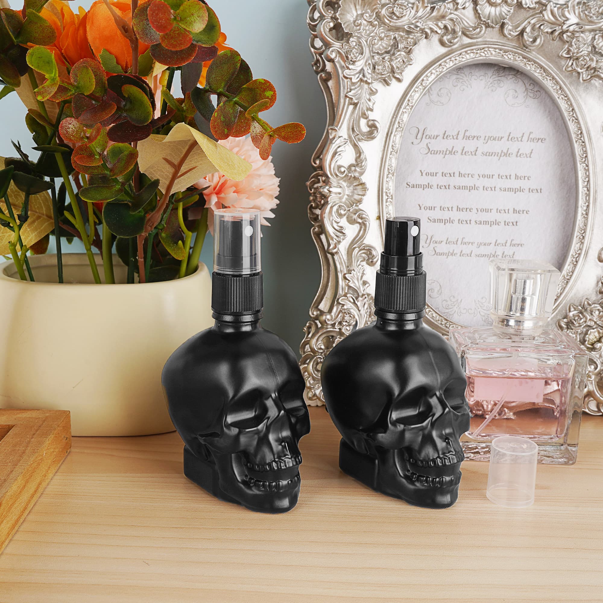 JANKOW Skull Shaped Spray Bottle, Skulls perfume bottle, 60ml Skull perfume bottles empty, Refillable Liquid Travel Accessories, Suitable for Travel, Business Trips, Family Bathrooms (3 Pcs) - 4