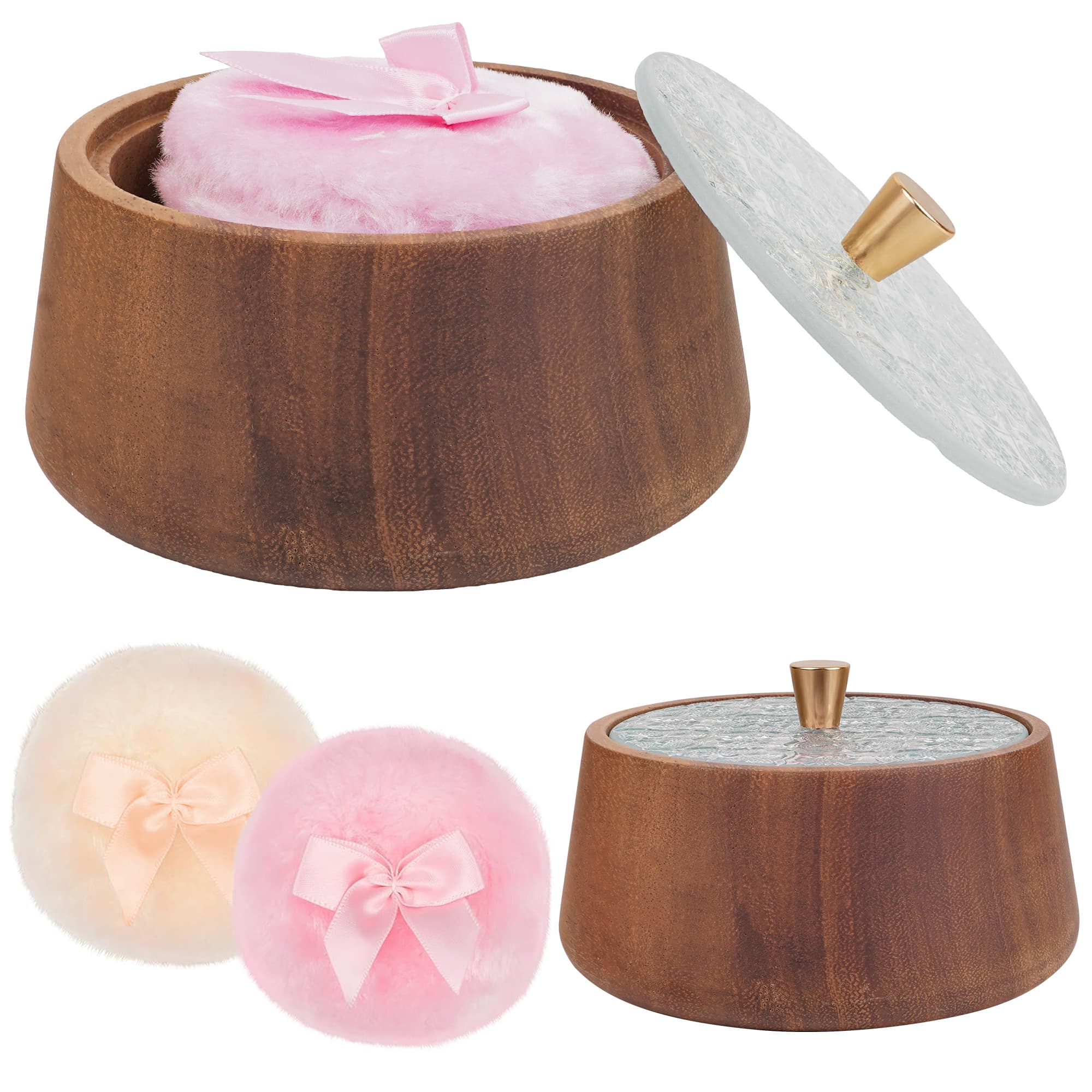 ReignSword Wooden Body Powder Container with Dusting Lid, 5.3 Inch Refillable Cosmetic Powders Case with 2 Washable Makeup Puffs for Loose Powder, Vanity Bathroom Storage - 3