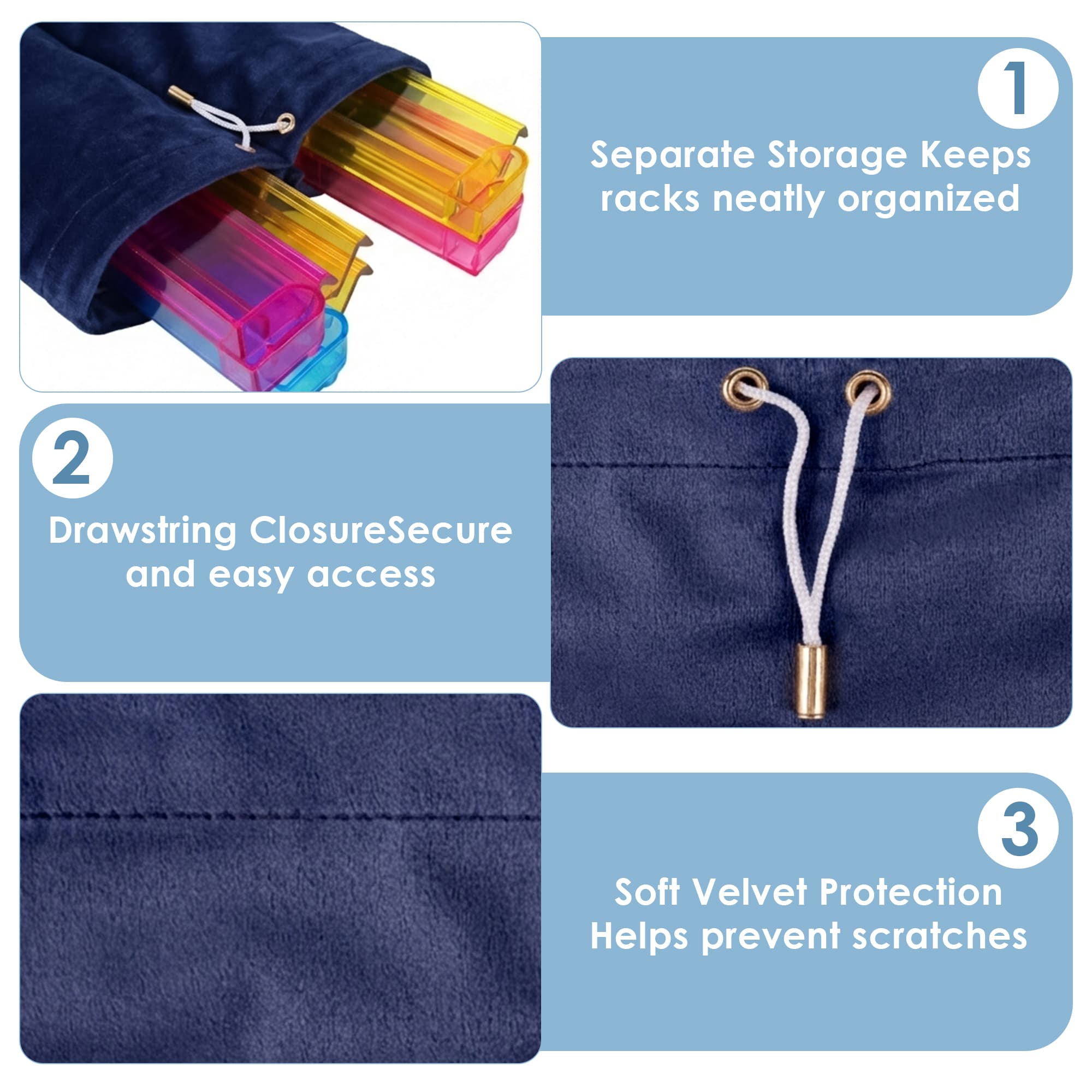 ReignSword Velvet Mahjong Rack Storage Bag, 22x9.5 Inch Drawstring Pouch, 2-Compartment Organizer for 4 Mahjong Racks & Pushers, Protective Holder for Mah Jongg Accessory (Blue) - 3
