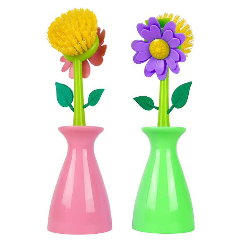 JANKOW Long Handle Vegetable And Fruit Brush, Florganic Dish Brush with Vase, Long Handle Dish Brush Kitchen, for Cleaning Pot Pan Sink Kitchen Supplies Decorative Vase (2 Pcs Green, Pink)