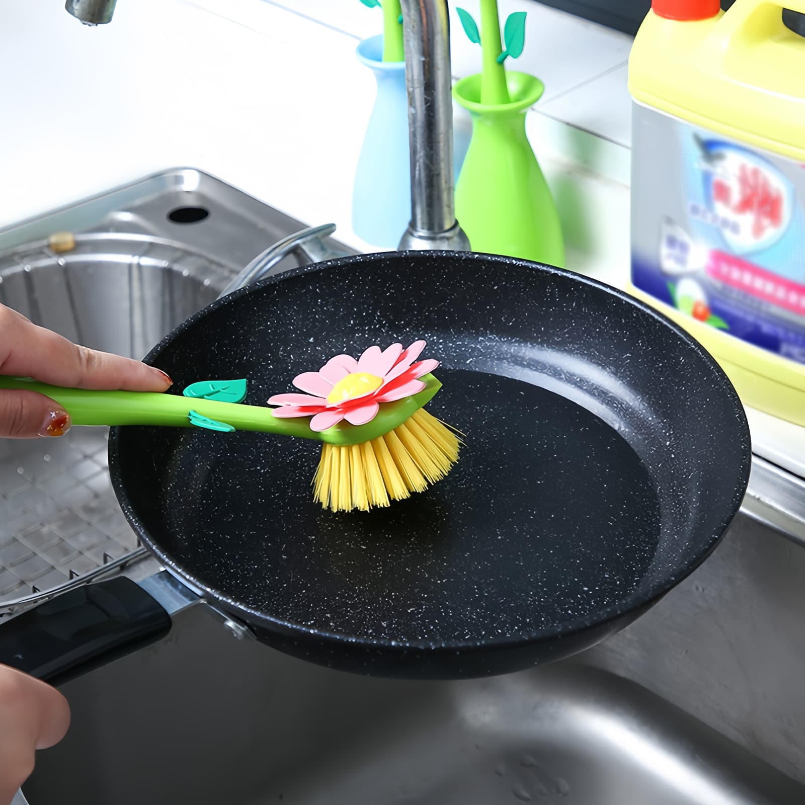 JANKOW Long Handle Flower Pot Brush, Florganic Dish Brush with Vase, Long Handle Dish Brush Kitchen, for Cleaning Pot Pan Sink Kitchen Supplies Decorative Vase (2 Pcs) (Purple/Pink) - 5