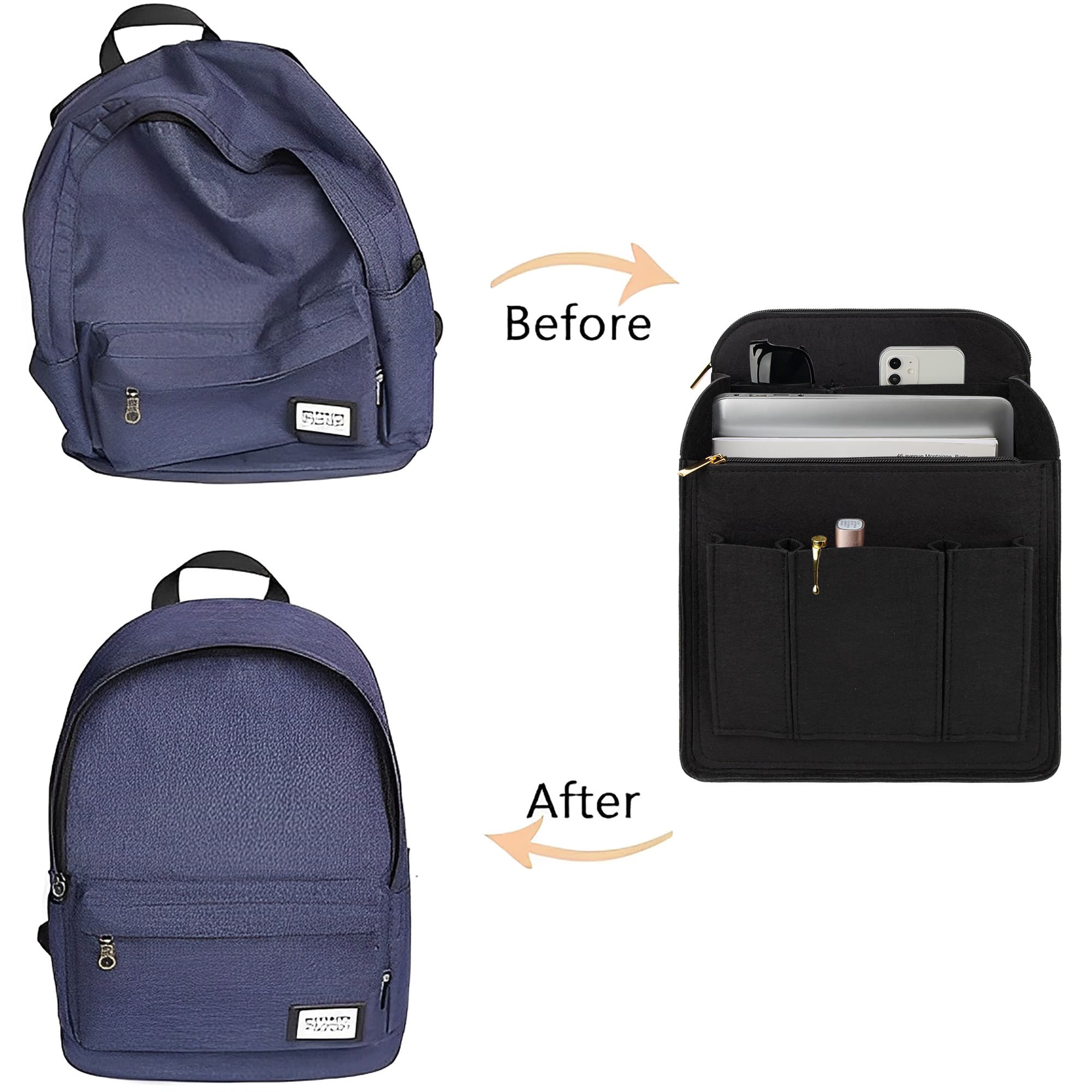Kingshion Large Capacity Backpack Organizer Insert - Felt Storage Insert for 10"+ Backpacks, Rucksacks & Travel Bags | Vertical Design with Shoulder Strap Slot & Interior Pockets - Black - 6