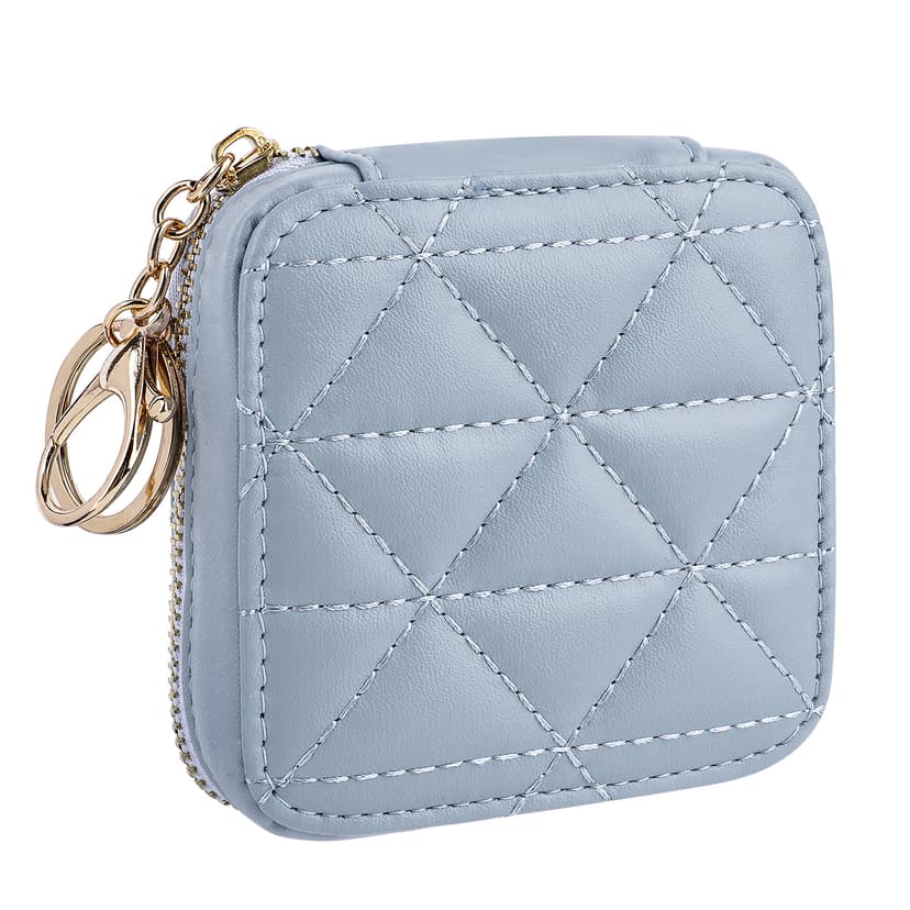 JANKOW Mini Cosmetic Pouch with Mirror, Light Blue Quilted PU Leather Makeup Bag for Purse, Zipper Travel Lipstick Case, 1-Pack