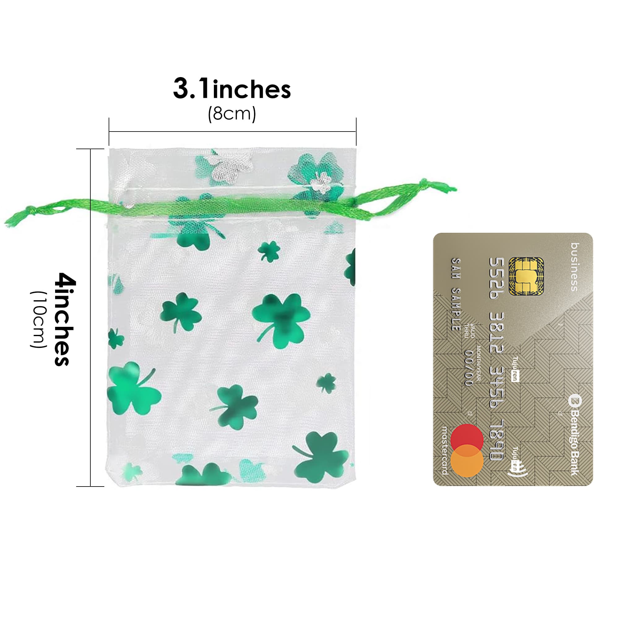 ReignSword 50 Pcs St. Patrick's Day Organza Gift Bags, Shamrock Clover Green Drawstring Mesh Treat Pouches, Goodie Bag for Party Favors, Candy, Jewelry (3 x 4 Inch) - 2