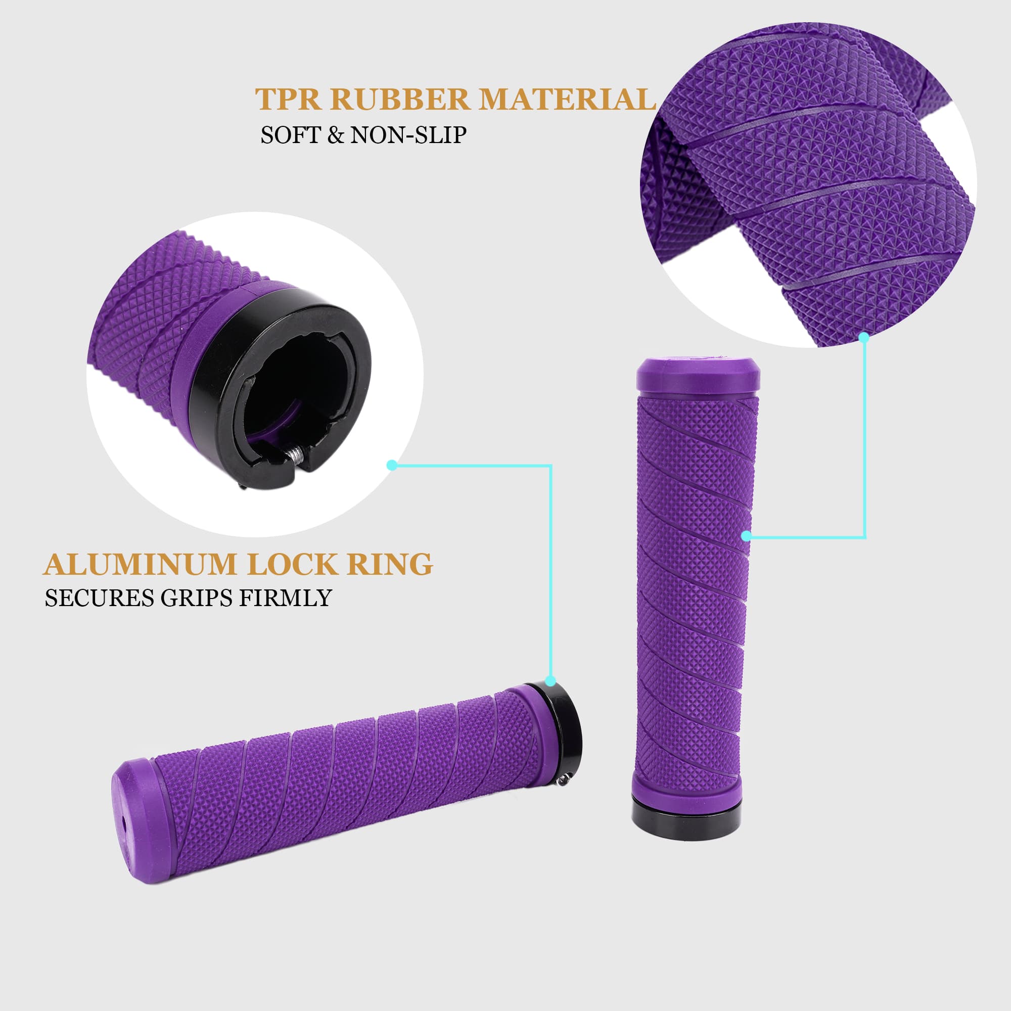 Bike Handlebar Grips for MTB, BMX & Scooter – 22.2mm Lock-On Rubber Bicycle Grips with Aluminum Rings, Non-Slip Ergonomic Comfort Grip - 2