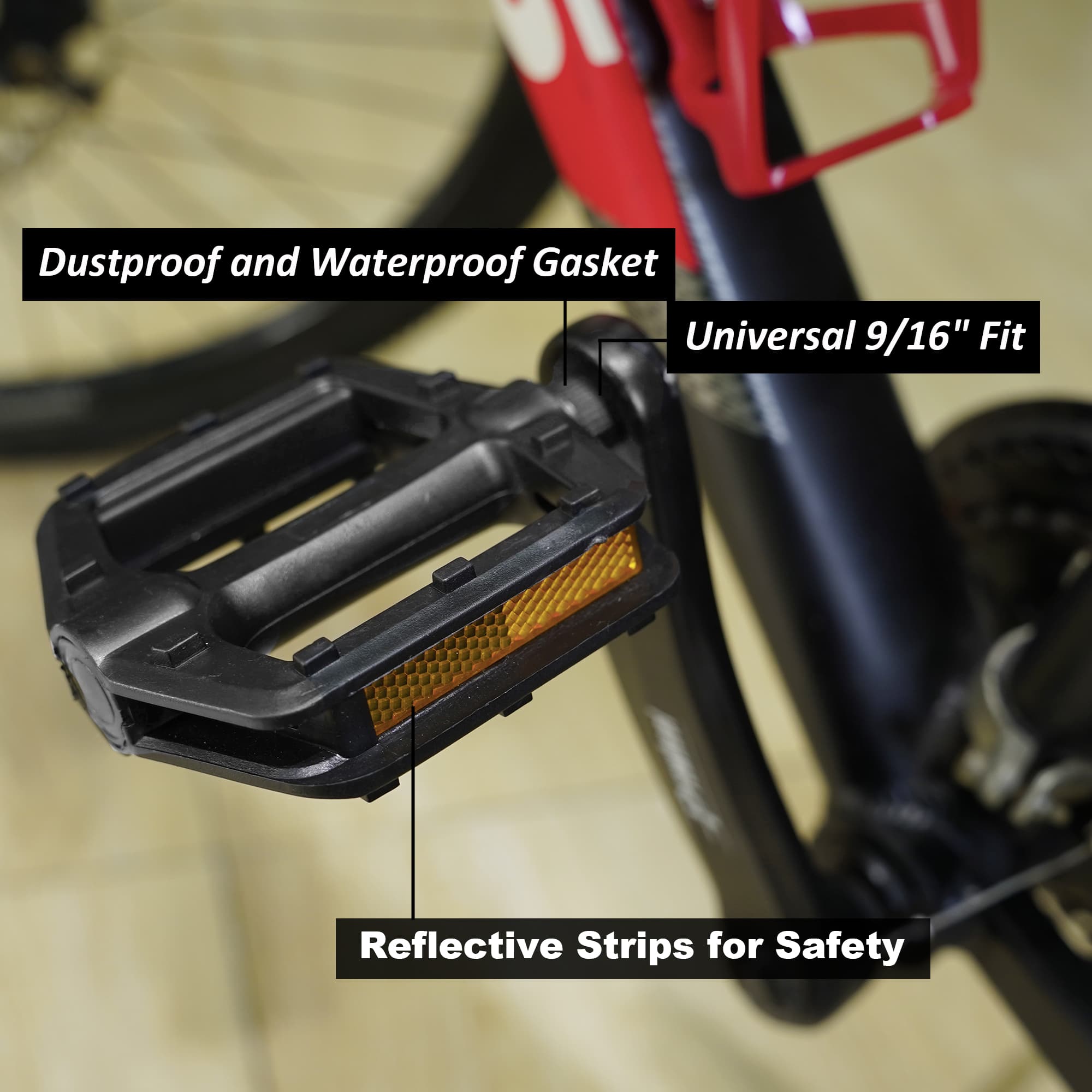 RidingRush Bike Pedals – 9/16" Platform Pedals with Reflectors for Mountain, Road, BMX, and Ebike – Anti-Slip Bicycle Pedals for Adults - 1