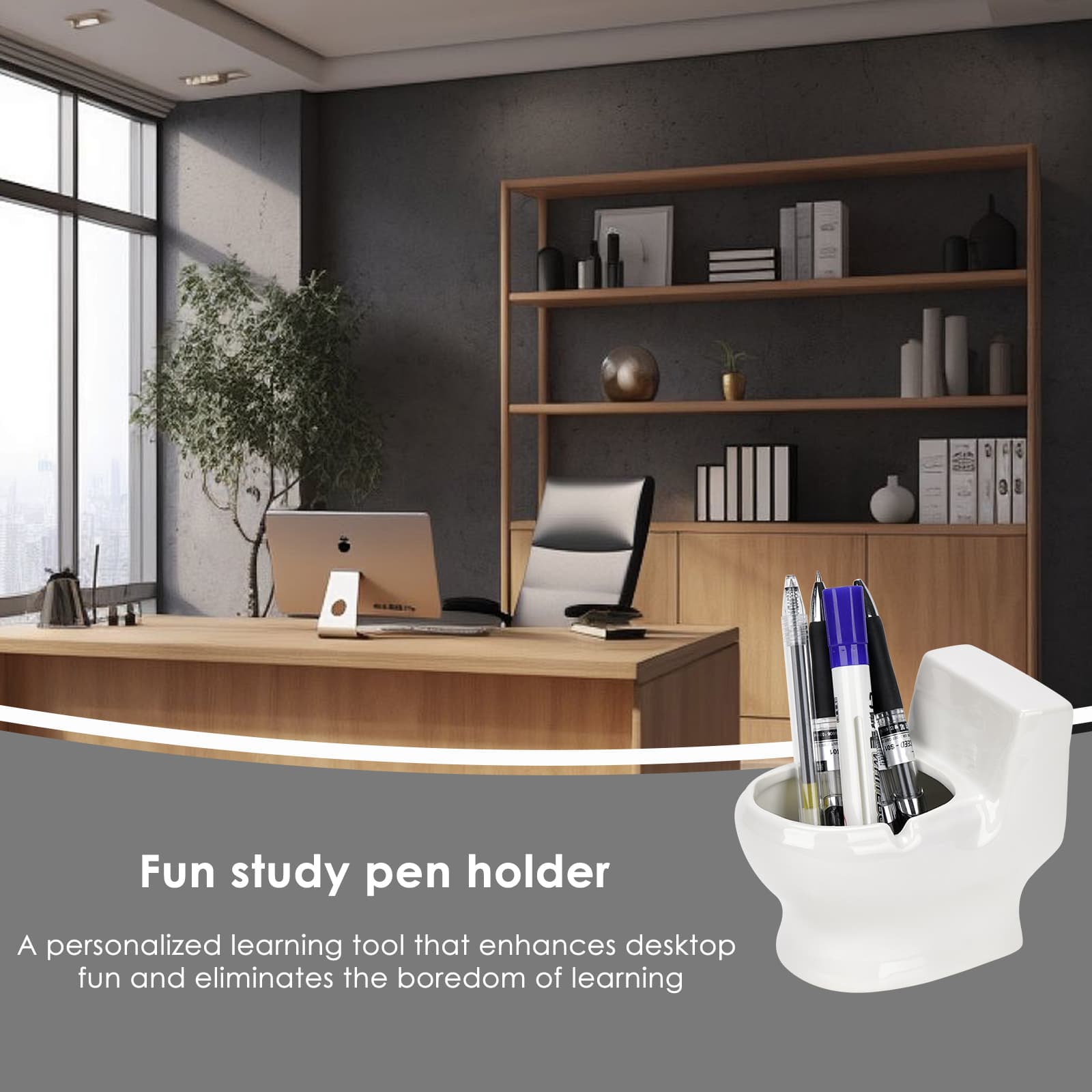 JANKOW Ceramic Toilet Shaped Pen Holder - Funny and Functional Desk Organizer (1 PCS White) - 4