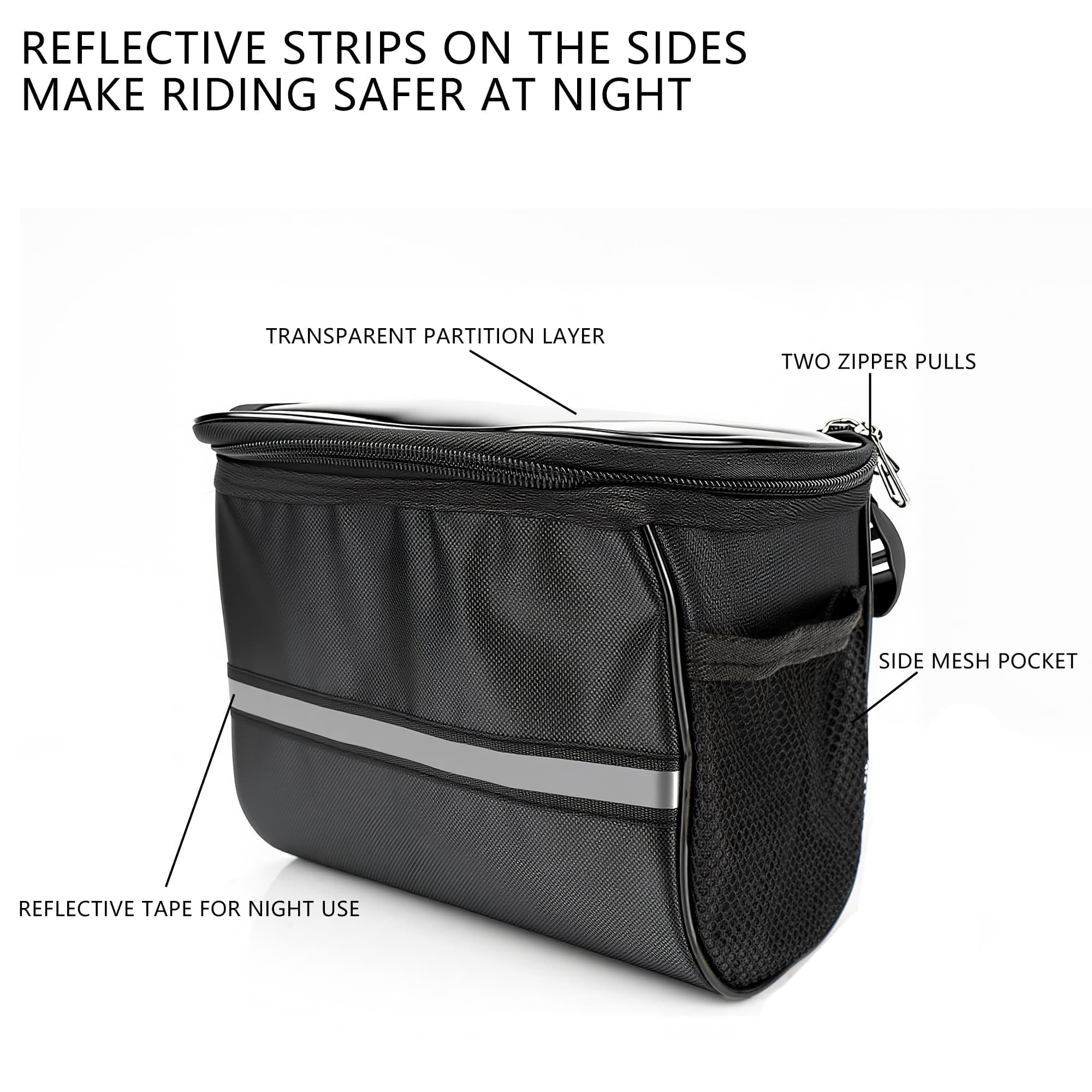 RidingRush Bike Handlebar Bag – Lightweight Bicycle Front Pouch with Reflective Strip, Waterproof Fabric, Easy Installation, Compact Cycling Storage Pack - 1