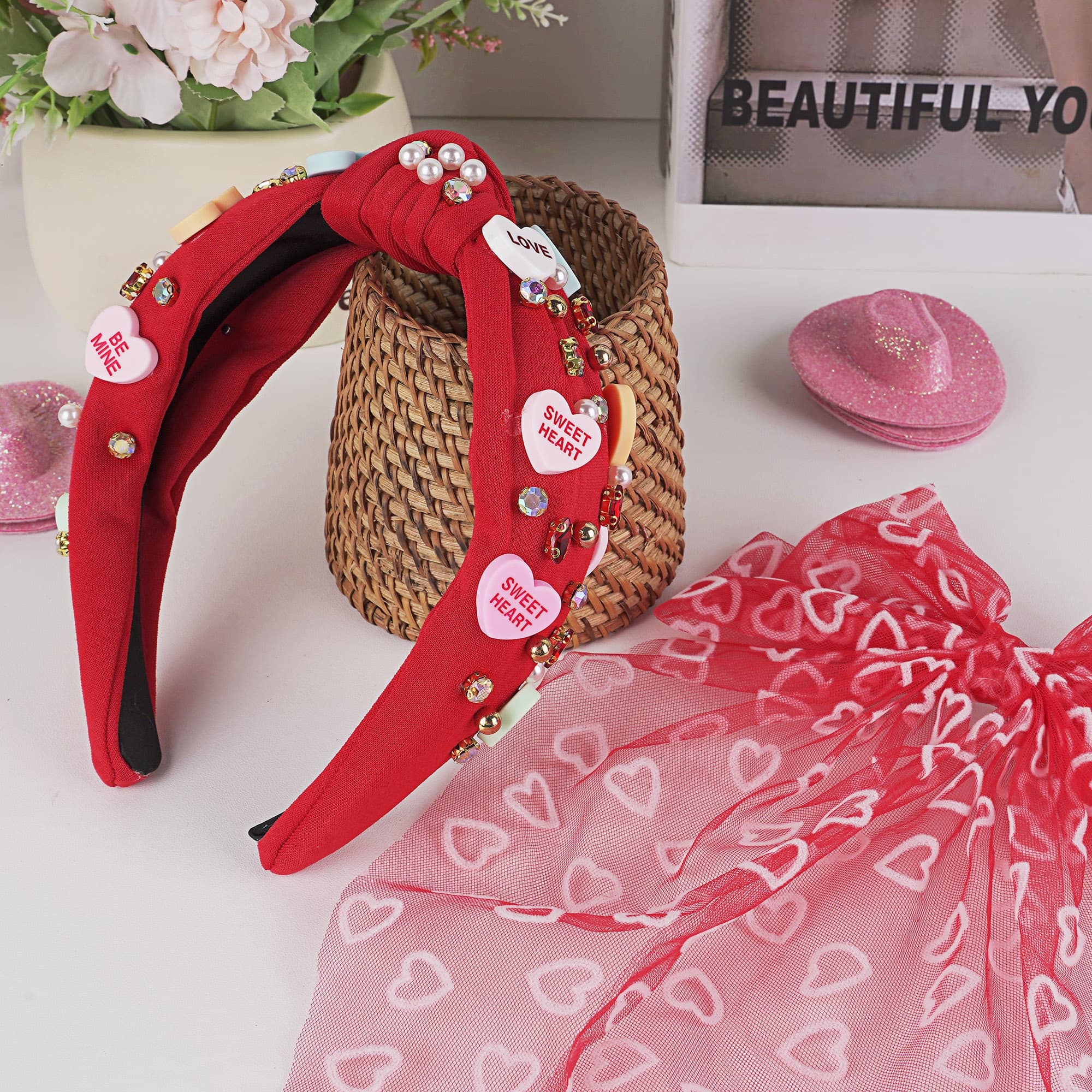 ReignSword Valentine's Day Hair Accessories Set for Women Girls, Crystal Knotted Headband with Long Tail Mesh Bow Hair Clip, Red Fashion Party Wedding Birthday Gifts - 5