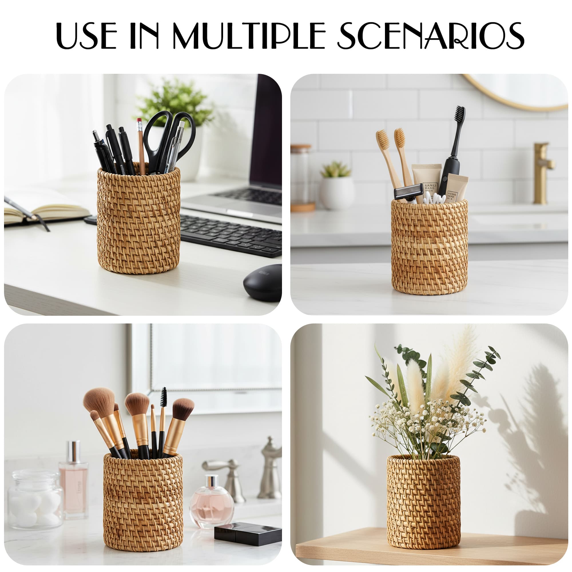 JANKOW Rattan Pencil Holder, Cylindrical Desk Organizer Cup, Handwoven Autumn Rattan, Brown, for Office, Vanity, Kitchen, 1-Pack - 3
