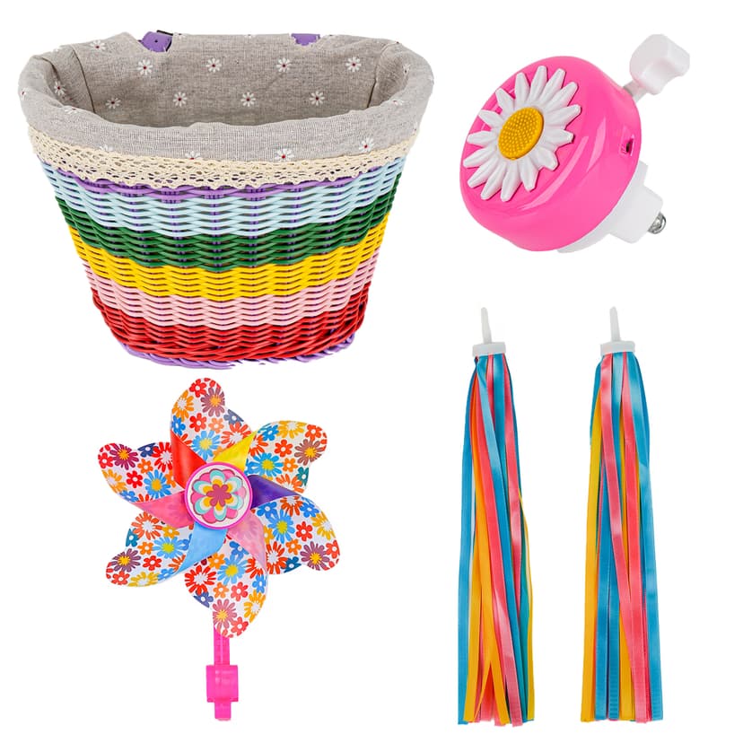 RidingRush Bicycle Basket for Girls, Kids Bike Front Handlebar Basket with Bell, Streamers and Pinwheel, Colorful Woven Basket for Toddler Girls Bike Accessories and Decoration