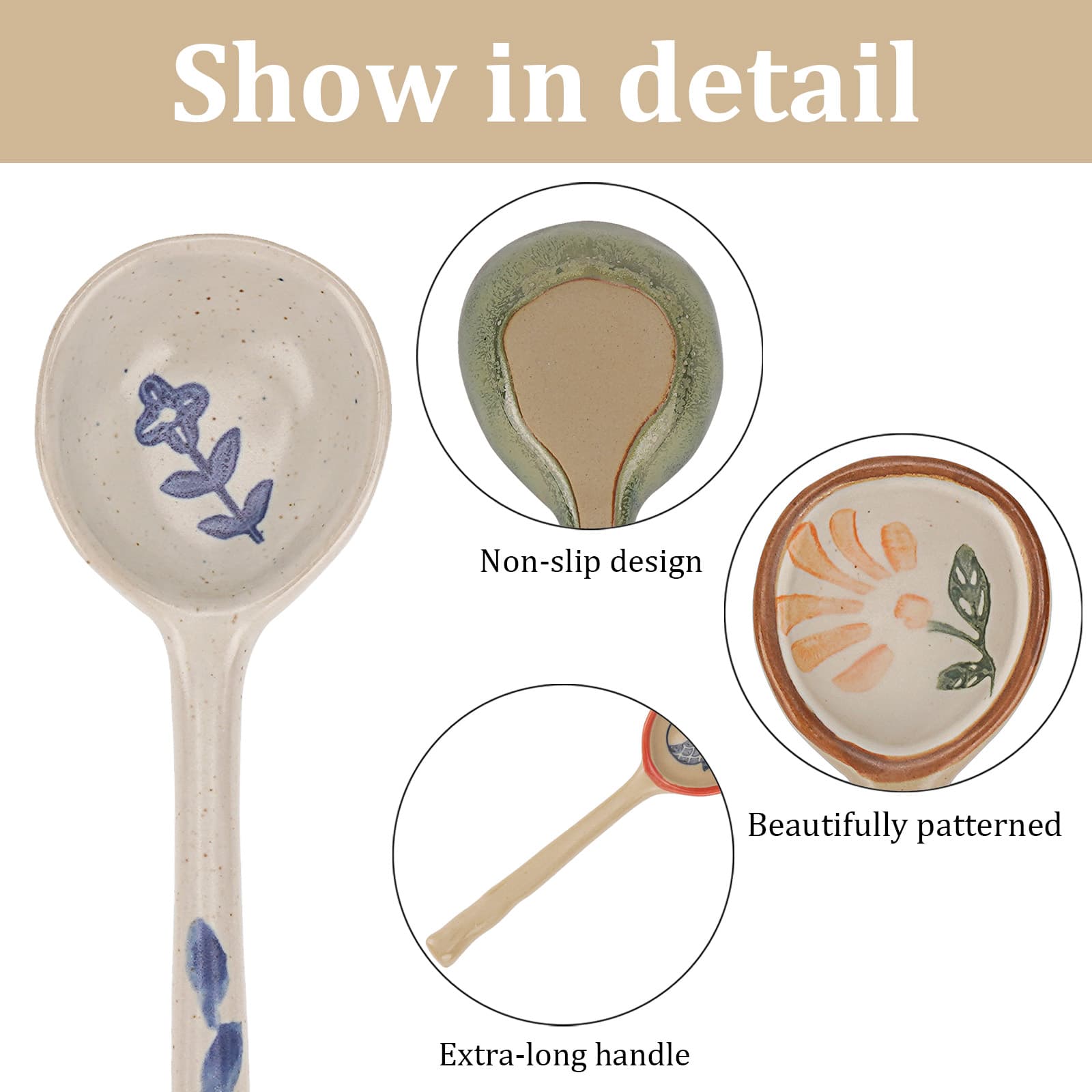 JANKOW 4 Pack Japanese Ceramic Soup Spoons, Slightly Larger Long Handle Design, Hand-Painted Porcelain Spoons for Miso, Wonton, Dumplings (Secure Packaging) - 2