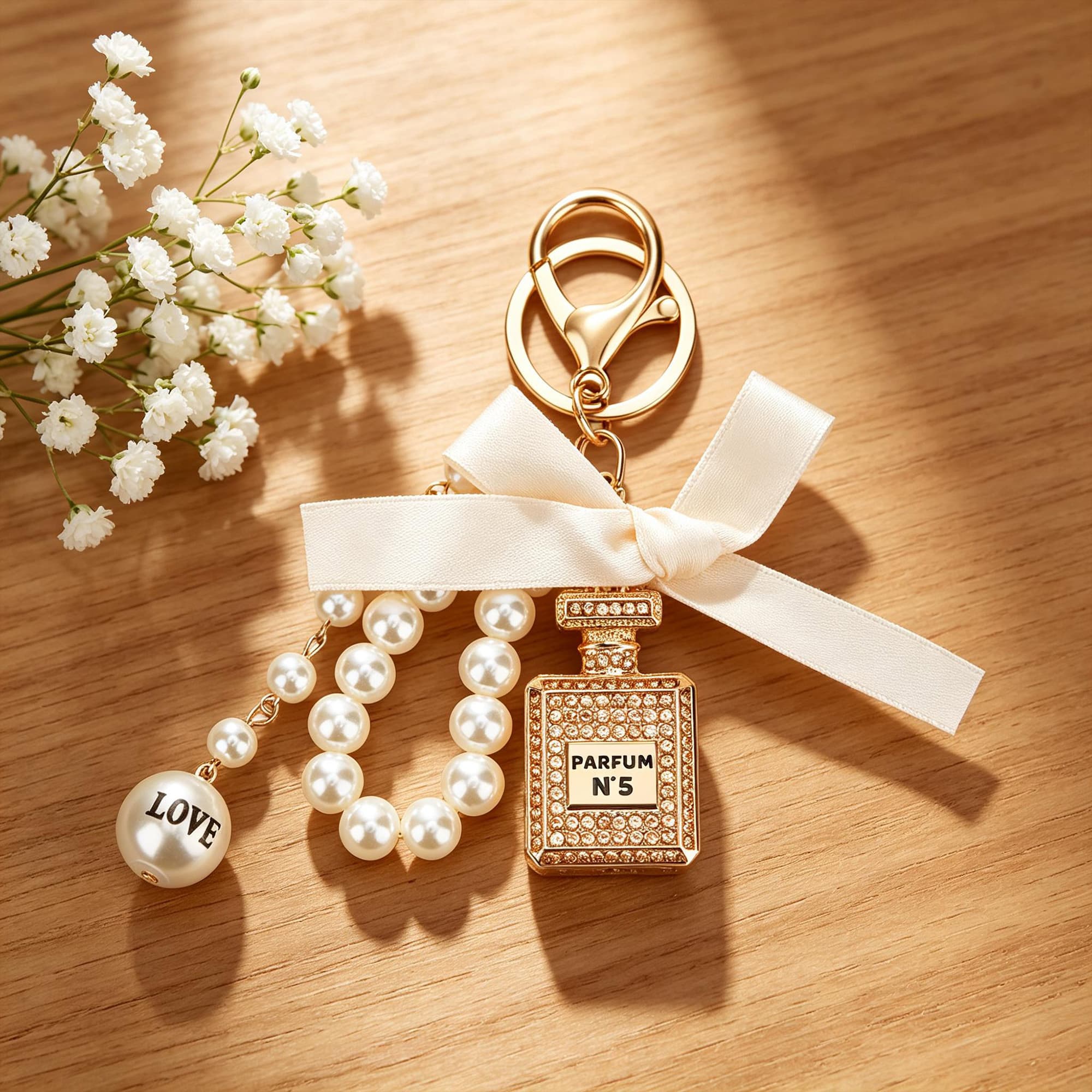 ReignSword Pearl Bow Perfume Purse Keychain for Women, Elegant Crystal Perfume Bottle Key Ring, Bling Car Key Chain & Handbag Charm (Champagne) - 5