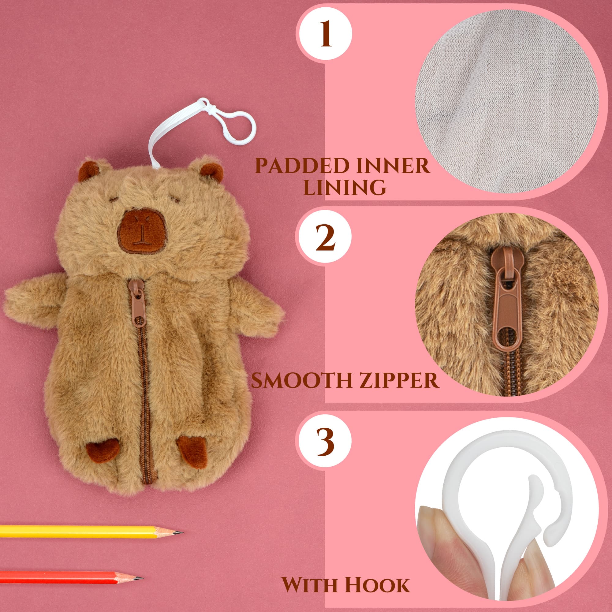 JANKINGS Funny Plush Capybara Pencil Case – Cute Plush Pouch for Pens Markers – Adorable Animal Zipper Stationery Bag for Office - 2