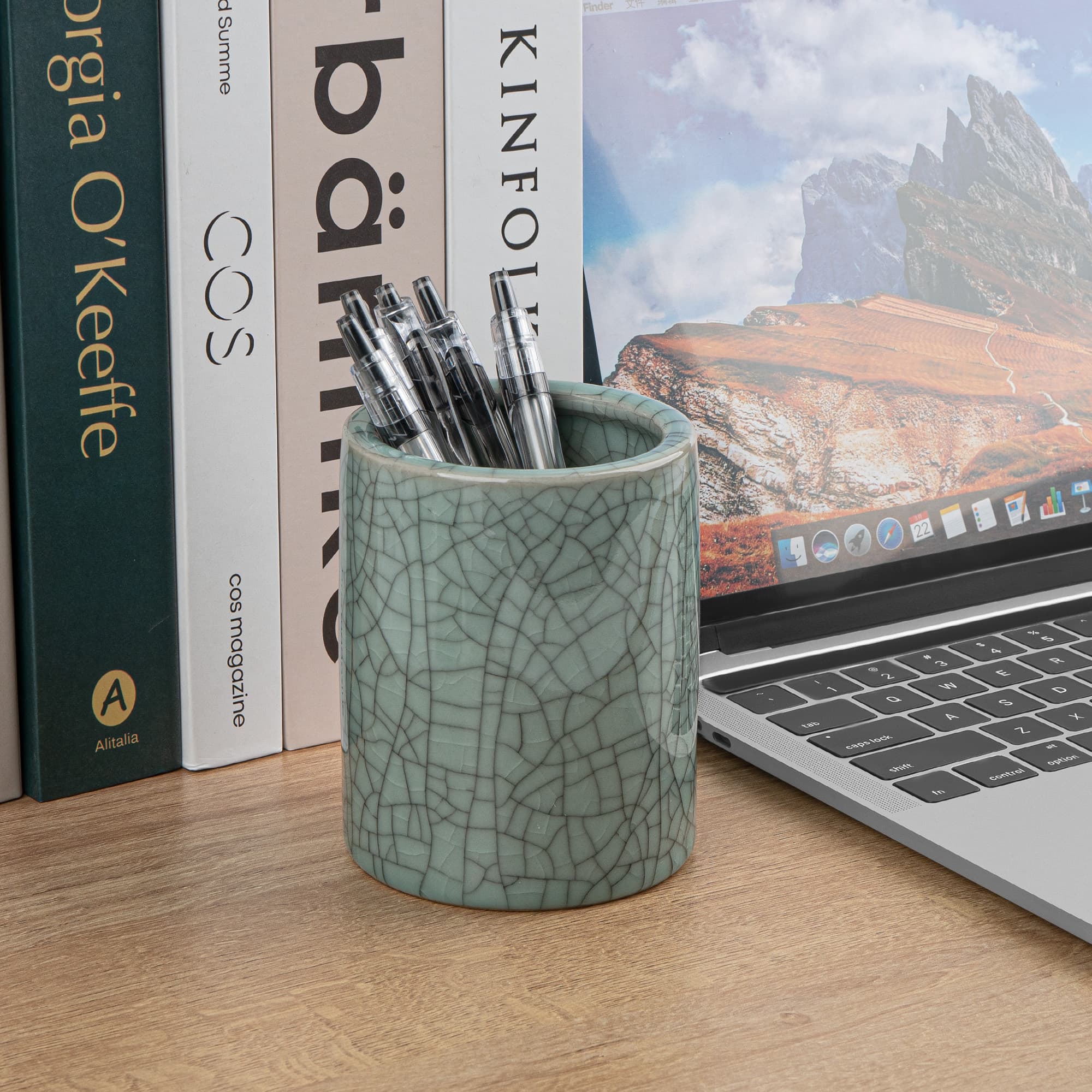 JANKINGS Celadon Ceramic Pencil Holder, Gray Crackle-Glaze Pen Cup for Desk, Solid Ceramic Pen & Brush Organizer, 1-Pack - 3