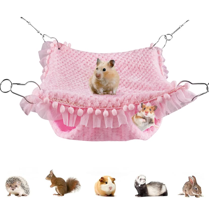 ReignSword Guinea Pig Hideout, Warm Guinea Pig Bed with Lace Trim, Hanging Bunkbed Hammock Cage Accessories for Ferret, Rat, Hamster, Chinchilla, Sugar Glider, Squirrel (Pink)