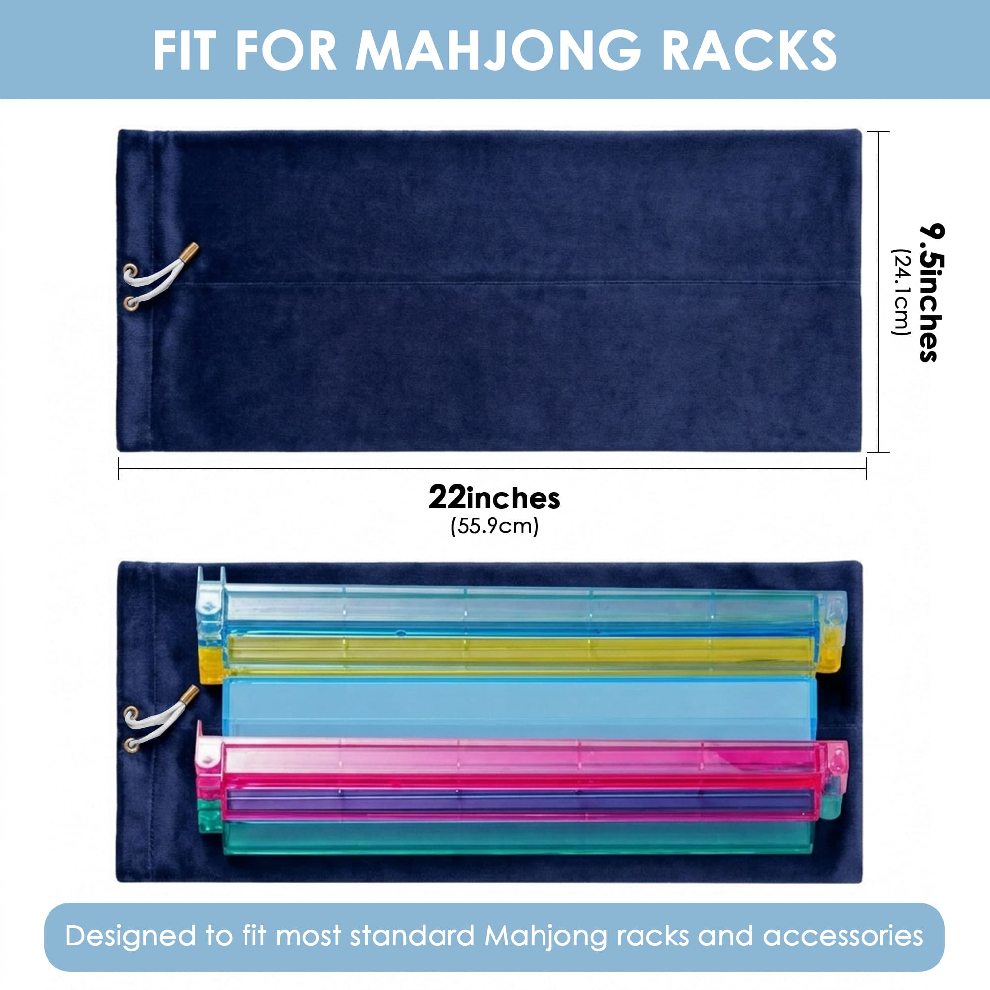 ReignSword Velvet Mahjong Rack Storage Bag, 22x9.5 Inch Drawstring Pouch, 2-Compartment Organizer for 4 Mahjong Racks & Pushers, Protective Holder for Mah Jongg Accessory (Blue) - 2