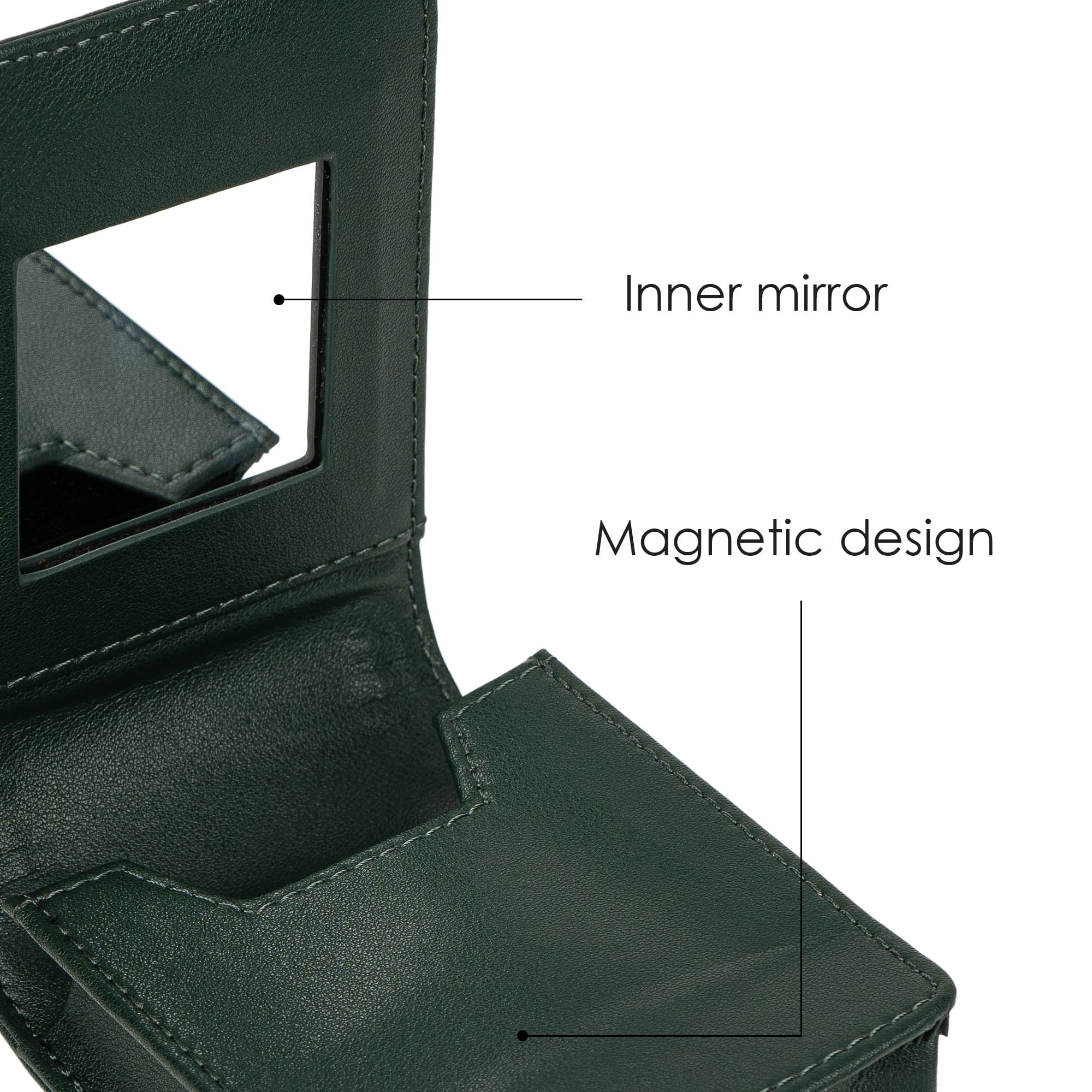 JANKINGS Genuine Leather Lipstick Case with Mirror, Mini Portable Makeup Bag for Purse, Dark Green, 1-Pack - 2