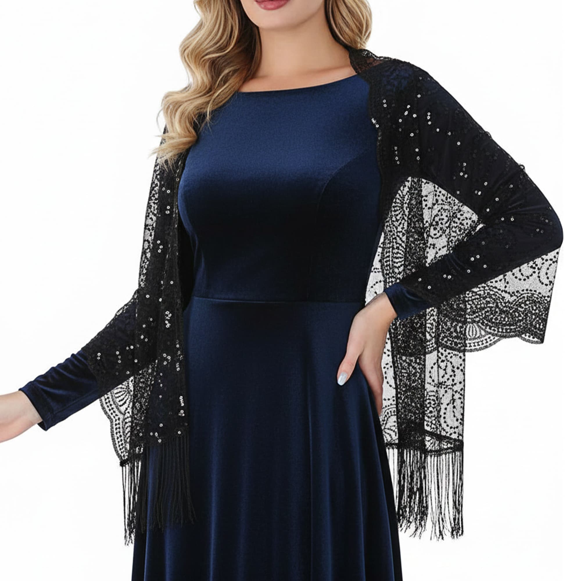ReignSword Women Sheer Shawls with Floral Sequin Design for Evening Dresses, Elegant Wedding Bridal Lace Scarf, Formal Party Dress Cover with Tassels (Black) - 2