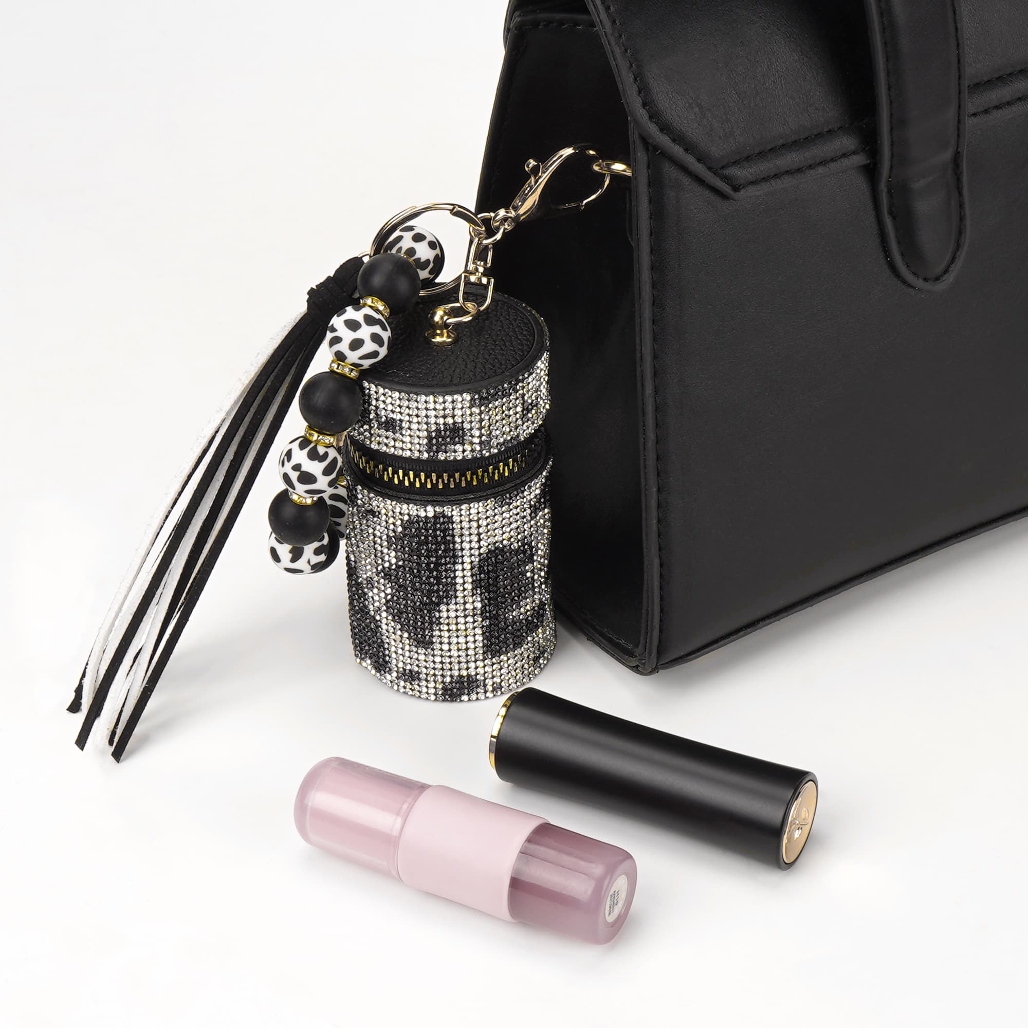 JANKOW Lipstick Keychain Holder Case, Lipstick Holder Keychain, Leather Diamond Lip Gloss Holder with Keychain for Purse Perfume Fingernail Polish (Cow Print) - 3