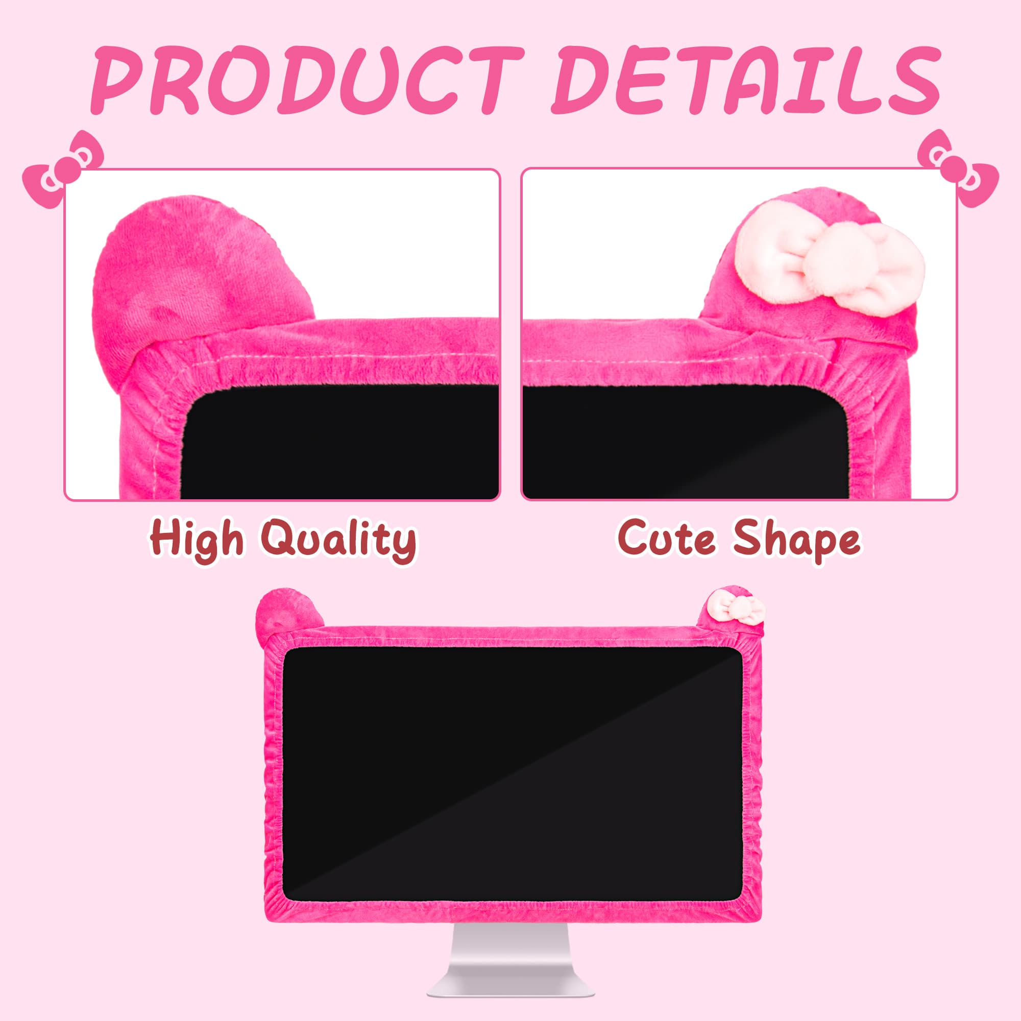 Kingshion 27"-34" Lovely Cute Computer Monitor Cover with Cat Ear Design, Kawaii Display Dust Cover with Furry Design, Elastic Dustproof, Suitable for PC, Tablet, TV, LCD (Rose Red) - 2