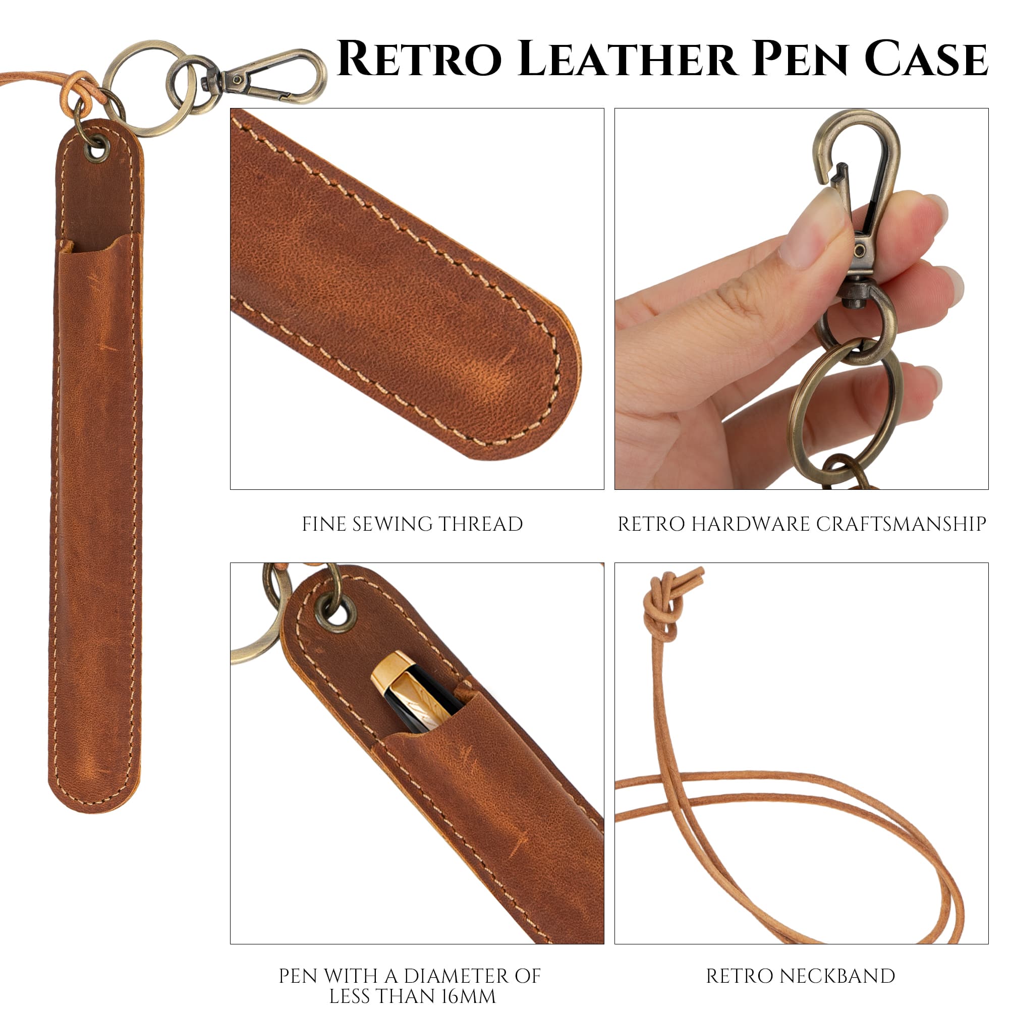 JANKOW Leather Pen Case Holder Handmade, Leather Pens Cases Holder, for Single Genuine Leathers Single Pens Case, Neck Hanging Organizer Fountain Pen(1Pcs Brown) - 3