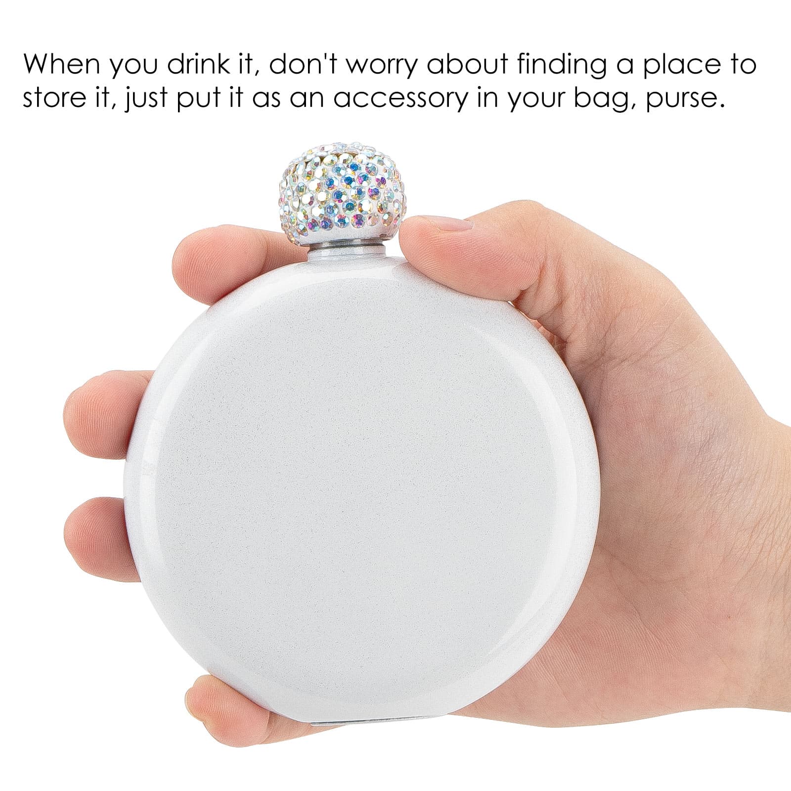 CAIRIAC Cute Flask for Women, 5Oz 304 Stainless Steel Flask for Whiskey Liquor, Coating Liquor Flasks with Rhinestone Lid and Funnels, for Women Girls Wedding Birthday Gift (White) - 2