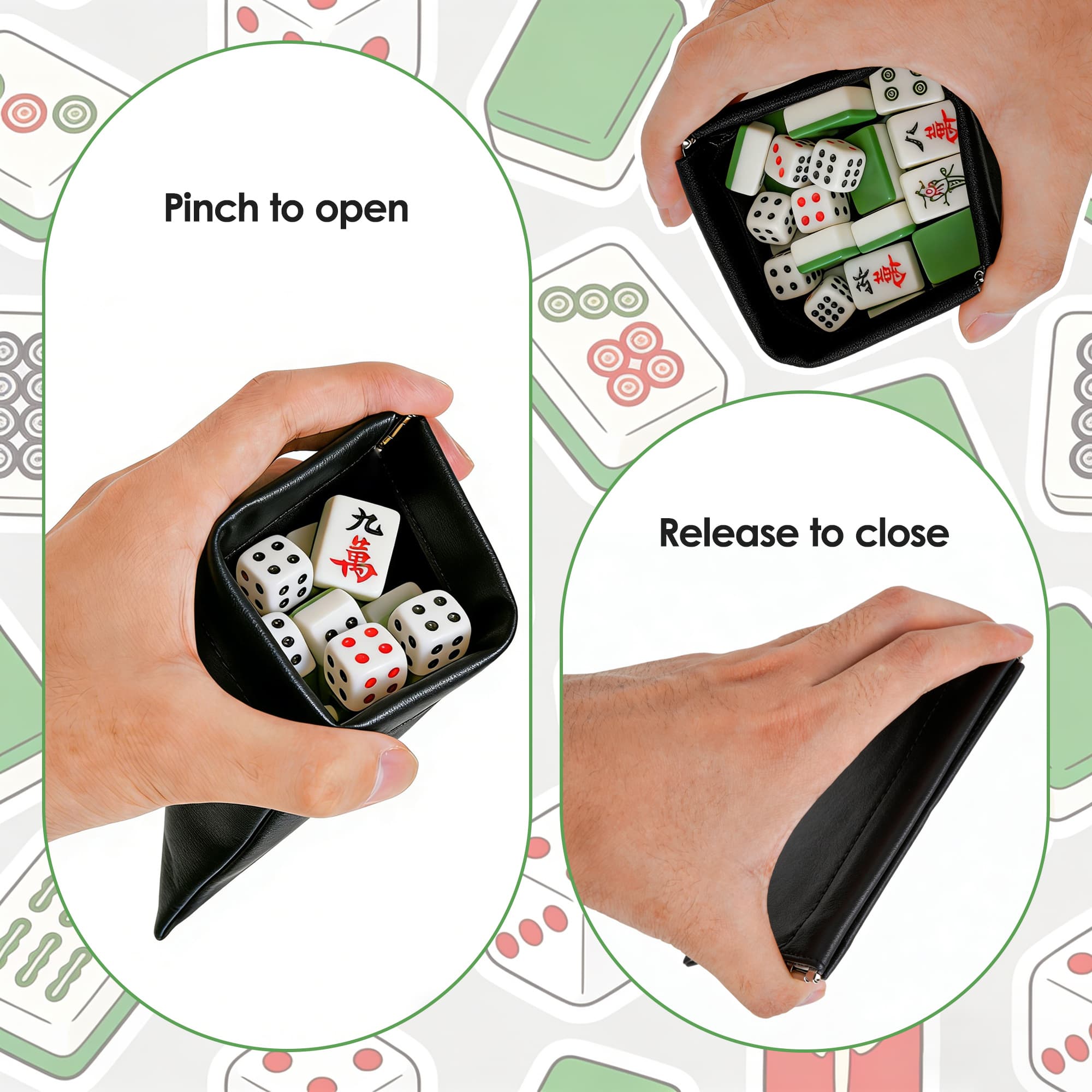 ReignSword Automatically Closing Mahjong Dice Bags, Vegan Leather Mahjong Tile Storage Pouch, Mini Coin & Dice Organizer for Tabletop Games, Travel & Party (Black) - 1