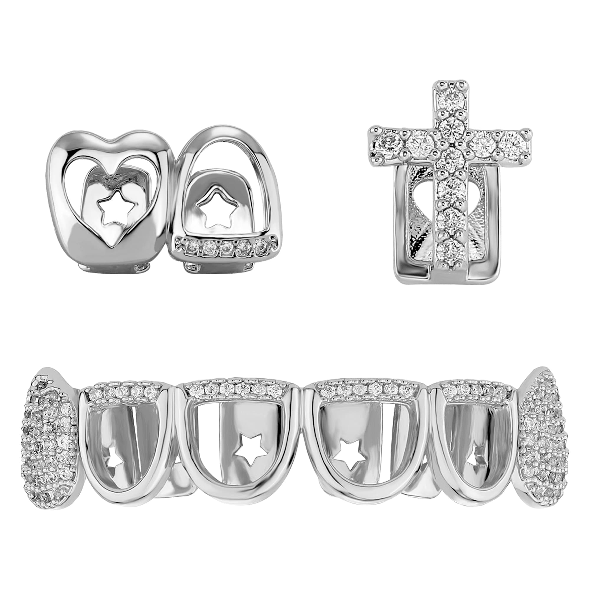 ReignSword 3 Pcs Silver Teeth Grillz Set for Women Men, Heart Cross Star Hollow CZ Grill Caps, Hip Hop Fashion Jewelry for Halloween, Parties & Daily Wear - 1