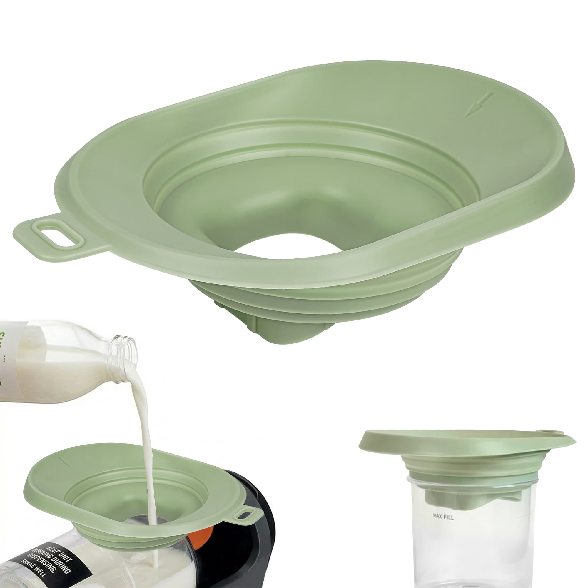 Anti-Splash Liquid Guide Cover Compatible with Ninja Slushie Machine FS301 FS300, Food-Grade Silicone Flow Hood & Foldable Funnel, Creami Swirl Pints Containers Accessories for No Spills (Green) - 1