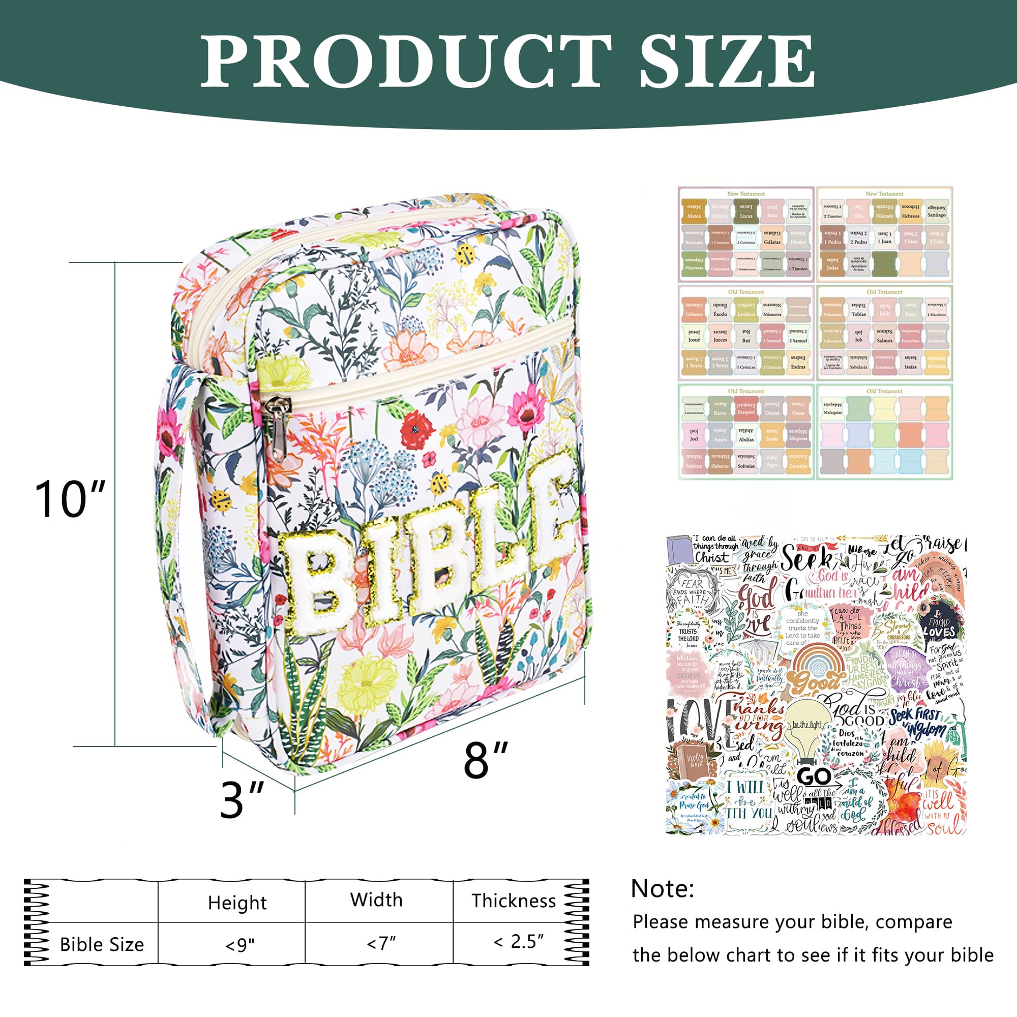 ReignSword Bible Cover Case for Women with No Bleed Sticky Tabs, Bible Tabs, Bible Carrying Bag Case with Handle for Study Supplies Accessories (White Floral) - 1