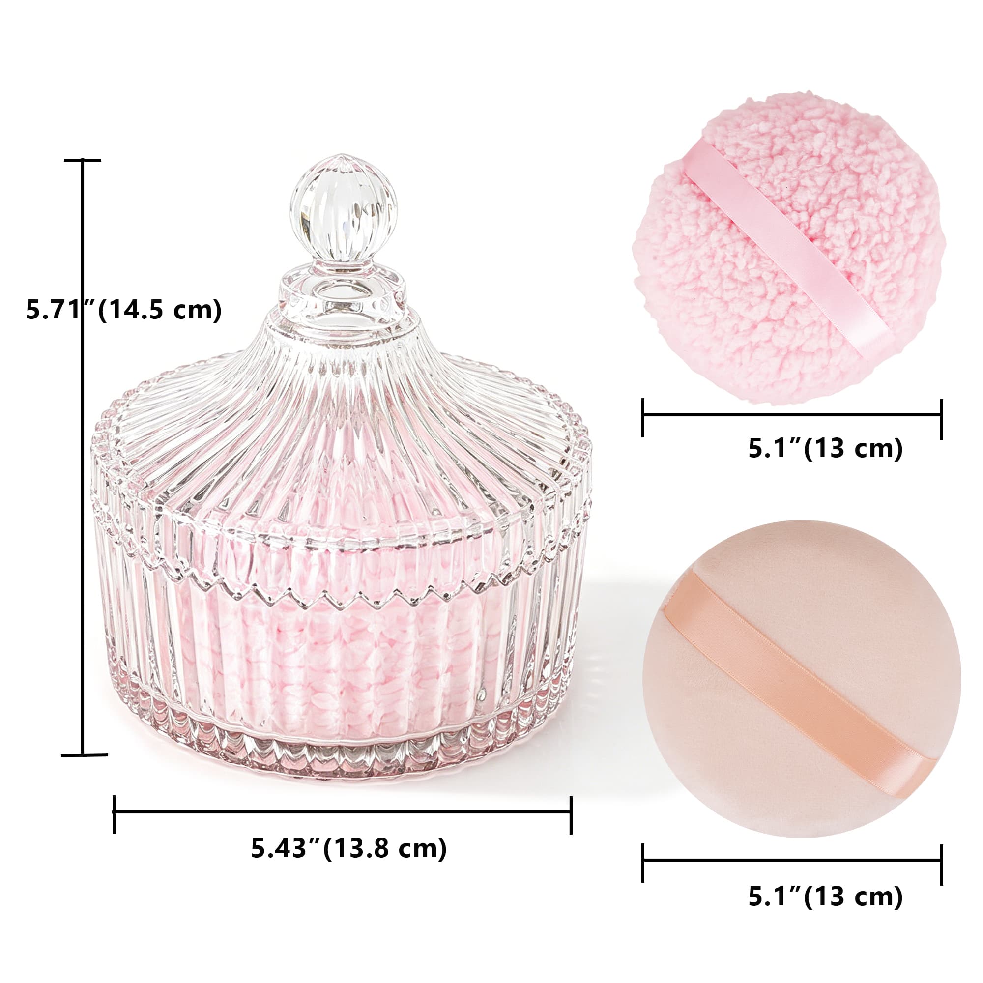 ReignSword Glass Body Powder Container with Dusting Lid, 5.4 Inch Refillable Cosmetic Powders Case with 2 Washable Makeup Puffs for Loose Powder, Vanity Bathroom Storage - 1