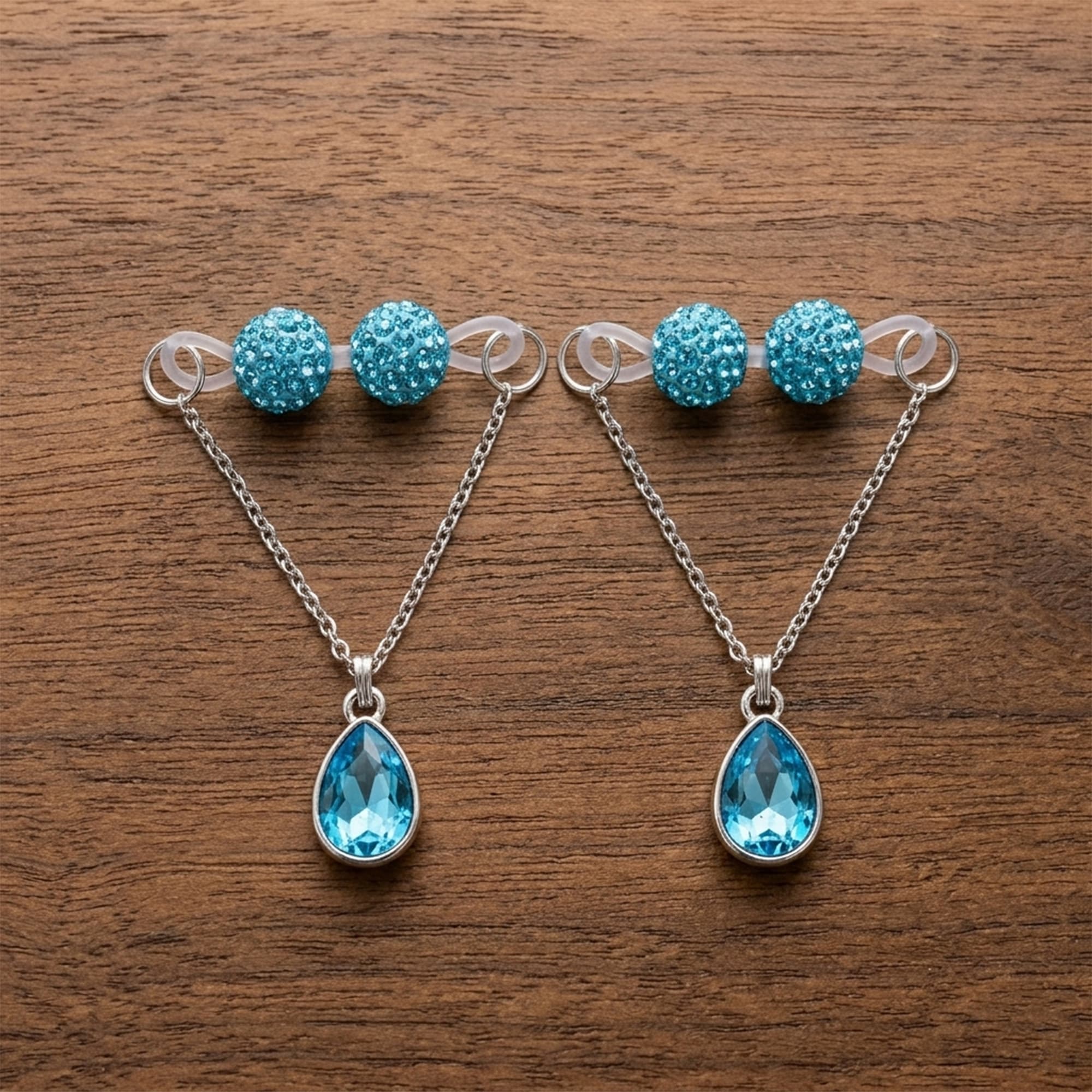 ReignSword Pair of Non-Piercing Nipple Rings, Fake Nipple Rings Set with Blue Crystals, Adjustable Fake Nipple Chain Body Jewelry - 1