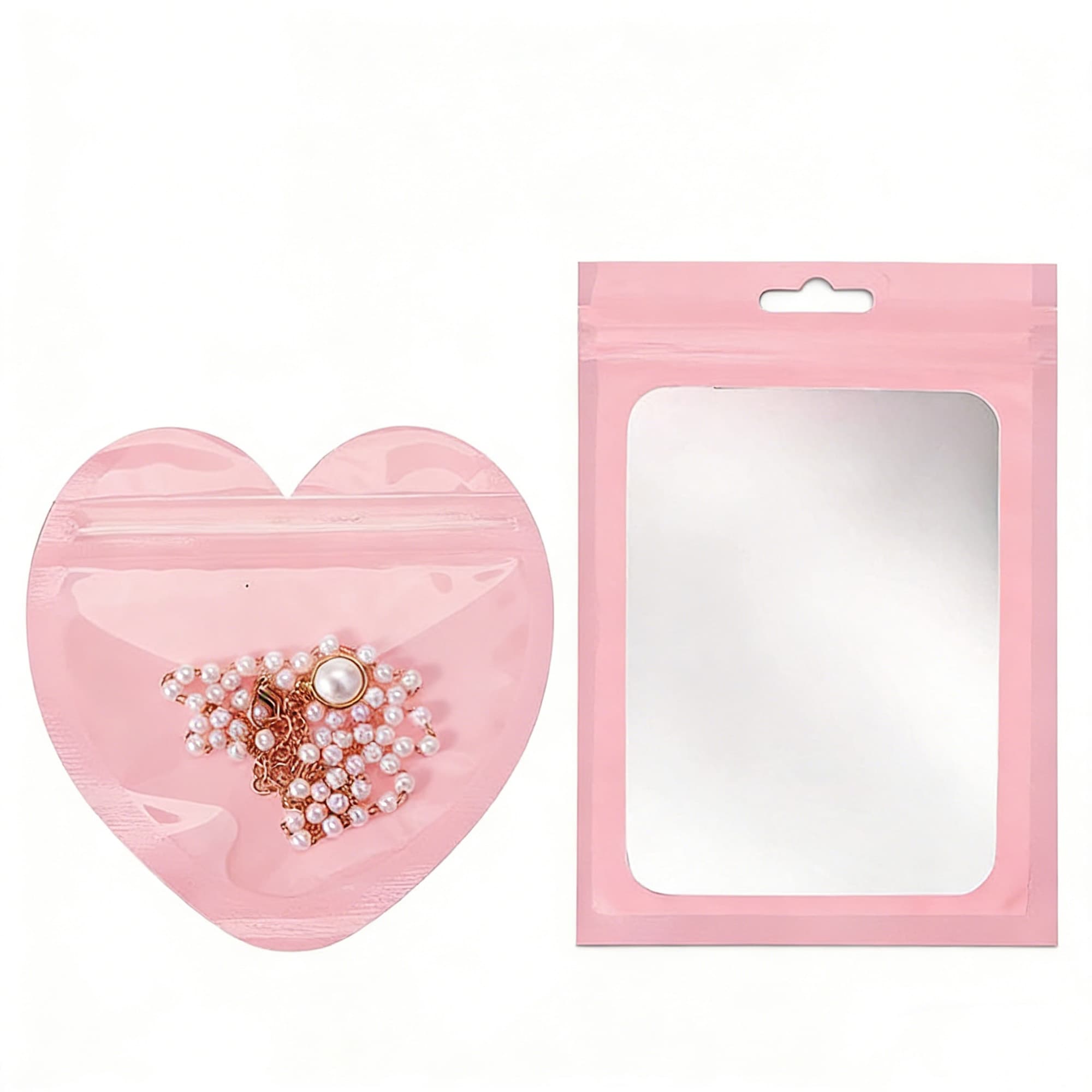 ReignSword 100Pcs Pink Gift Bags, Resealable Heart & Rectangle Clear Front Ziplock Mylar Bags for Jewelry, Candy, Party Favors, Wedding & Small Business Packaging (5 x 3 Inch, 3.9 x 3.9 Inch) - 1
