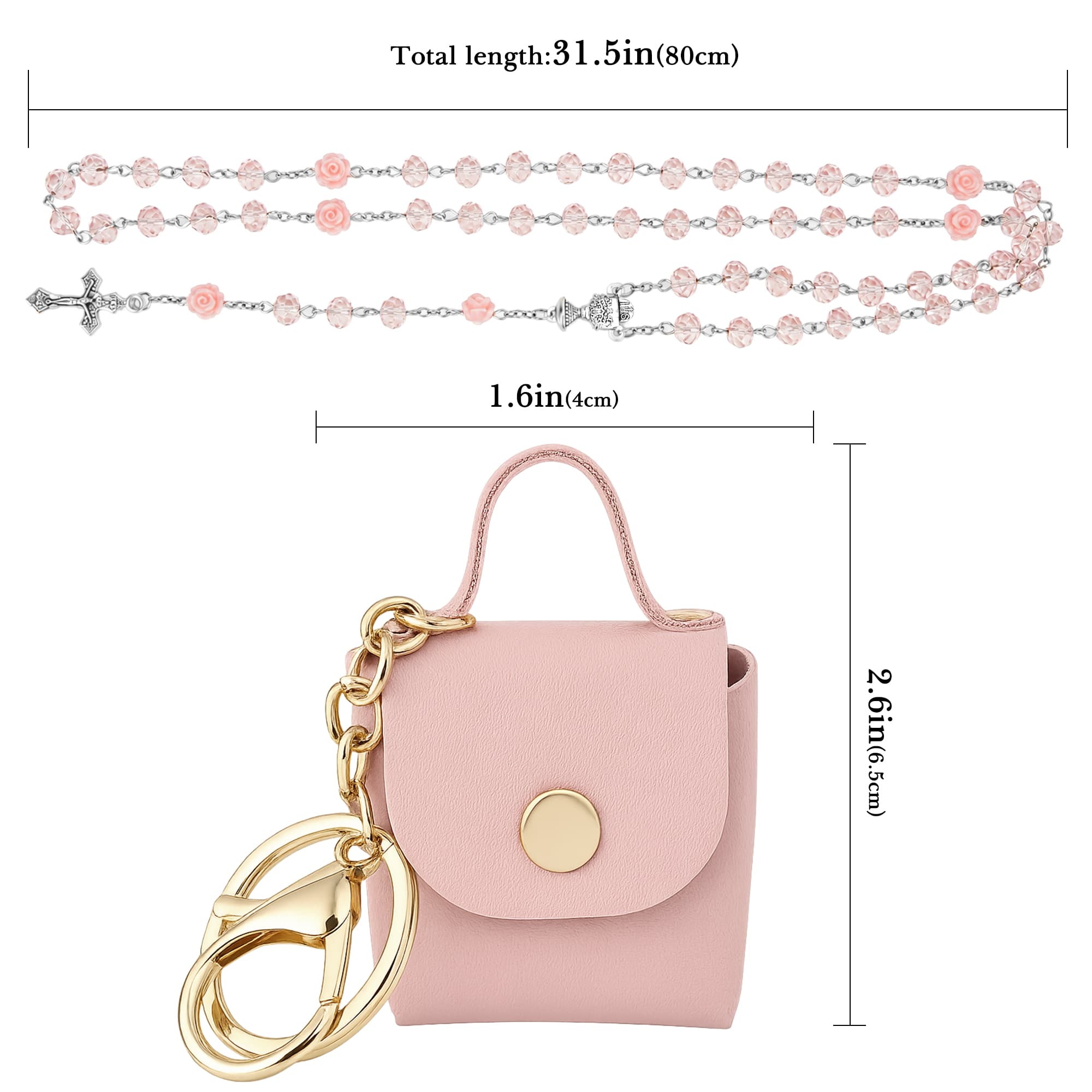 ReignSword Pink Crystal & Rose Rosary Necklace, with Mini PU Keychain Pouch, Portable Catholic Cross Rosary, Prayer Beads, Baptism & Religious Gifts for Women - 1