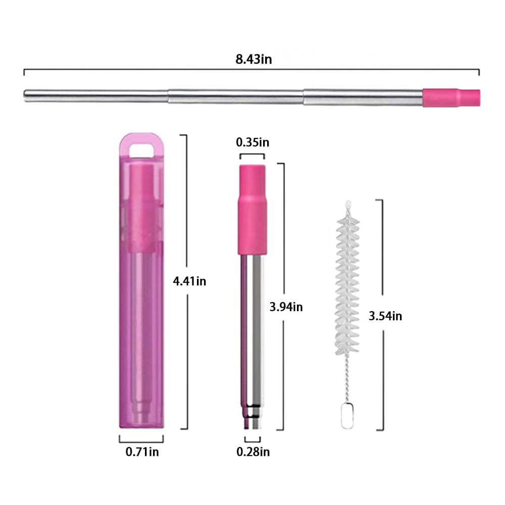 Metal Reusable Collapsible Straws with Silicone Tip, Telescopic Portable Stainless Steel Reusable Straws with Case & Cleaning Brush, Keychain Drinking Straw for Travel, School, Picnic 3 Pack - 1