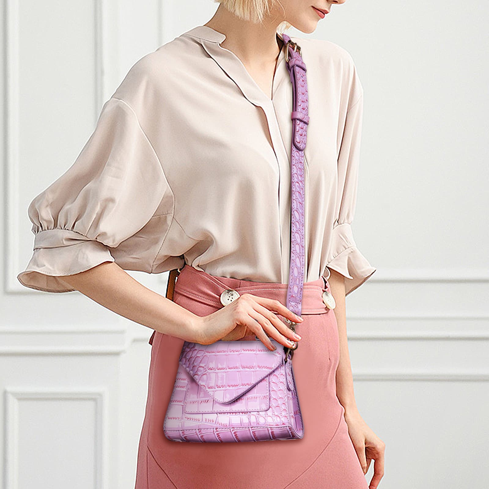 ReignSword Small Crossbody Bags for Women, Vegan Leather Crocodile Pattern Mini Purse, Trendy Clutch Top Handle Shoulder Handbag (Not Compatible with Phone) (Purple) - 1